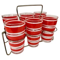 Set of Vintage Hazel-Atlas Red and White Banded High Ball Glasses in Metal Caddy