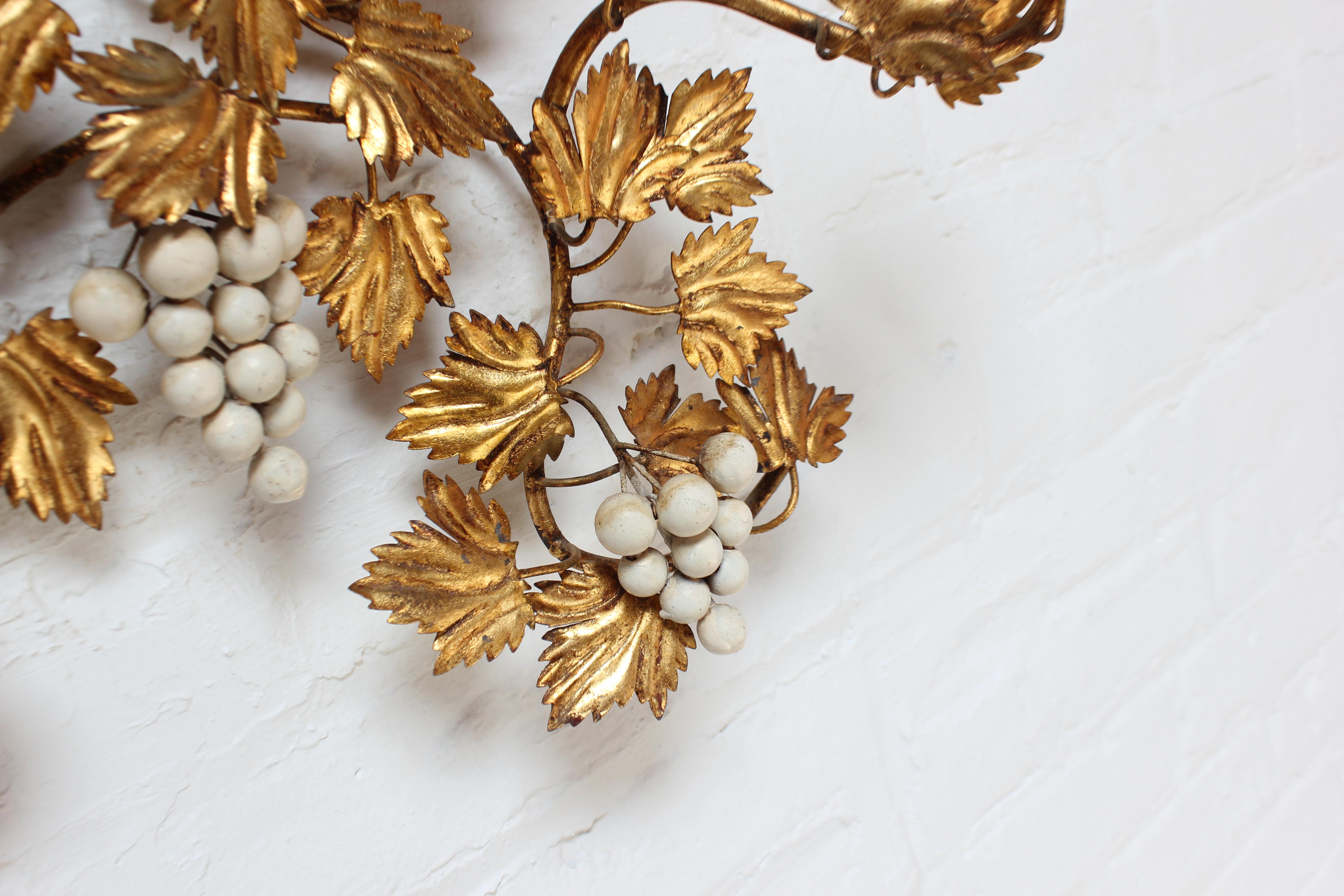 Set of Vintage Italian Gilt Tole Grapeleaf Sconces / Candleholders 4