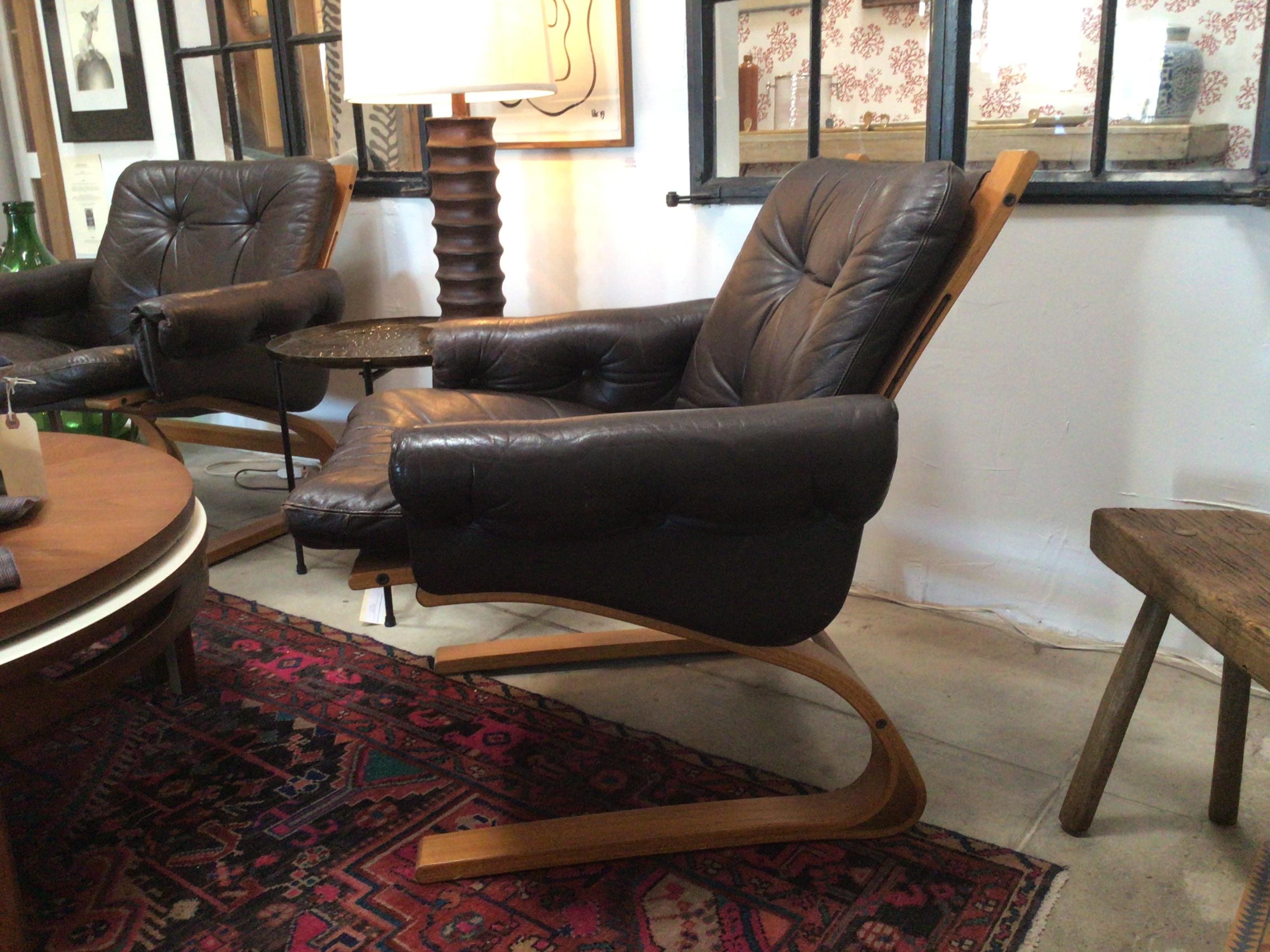 Scandinavian Modern Set of Vintage Leather Lounge Chairs by Solheim for Rykken