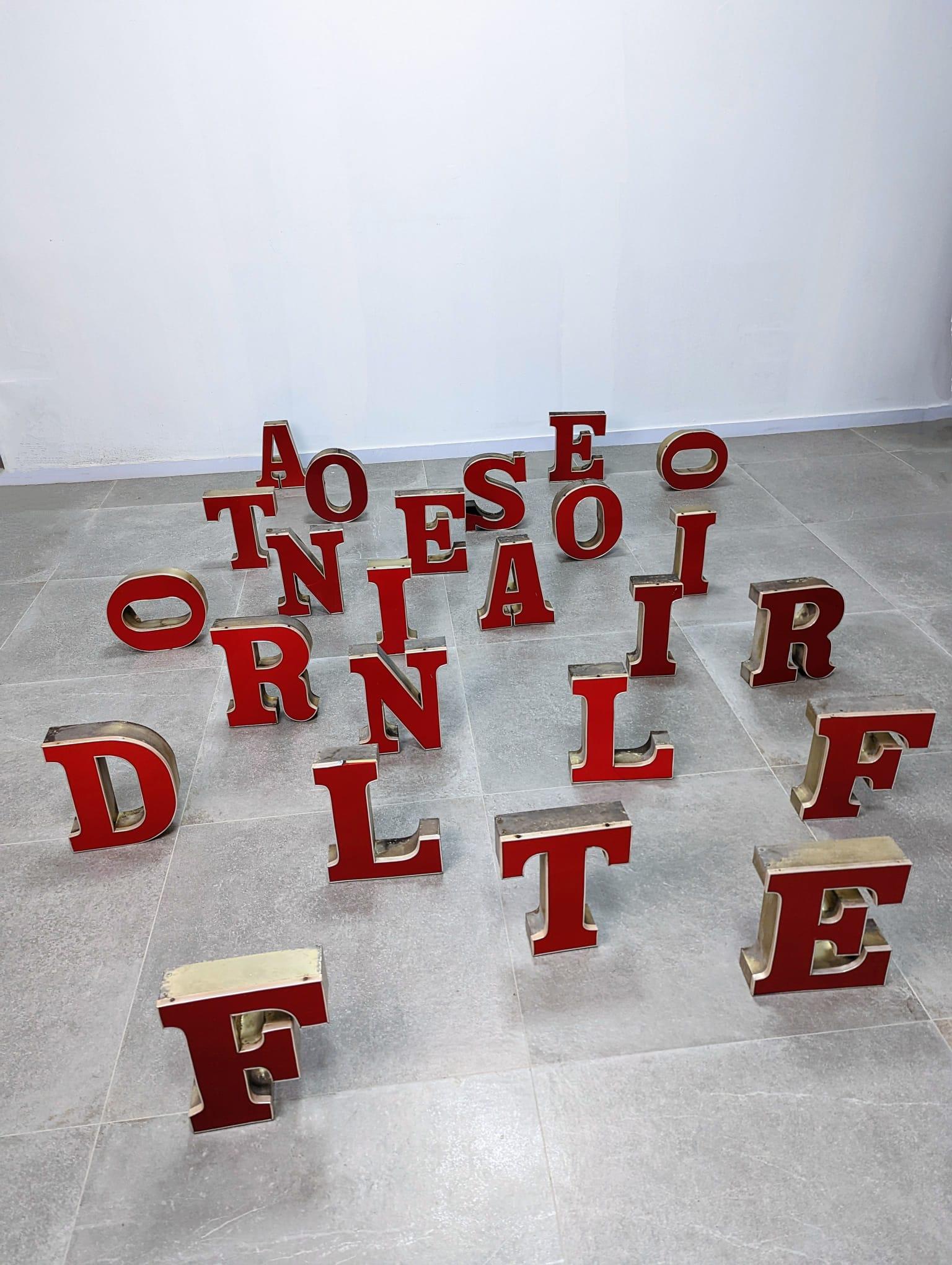 Fantastic set of vintage letters in red acrylic and zinc, handmade and with original but not verified interior lighting installation and without connection cable. These pieces are super decorative to form a multitude of words and create incredible