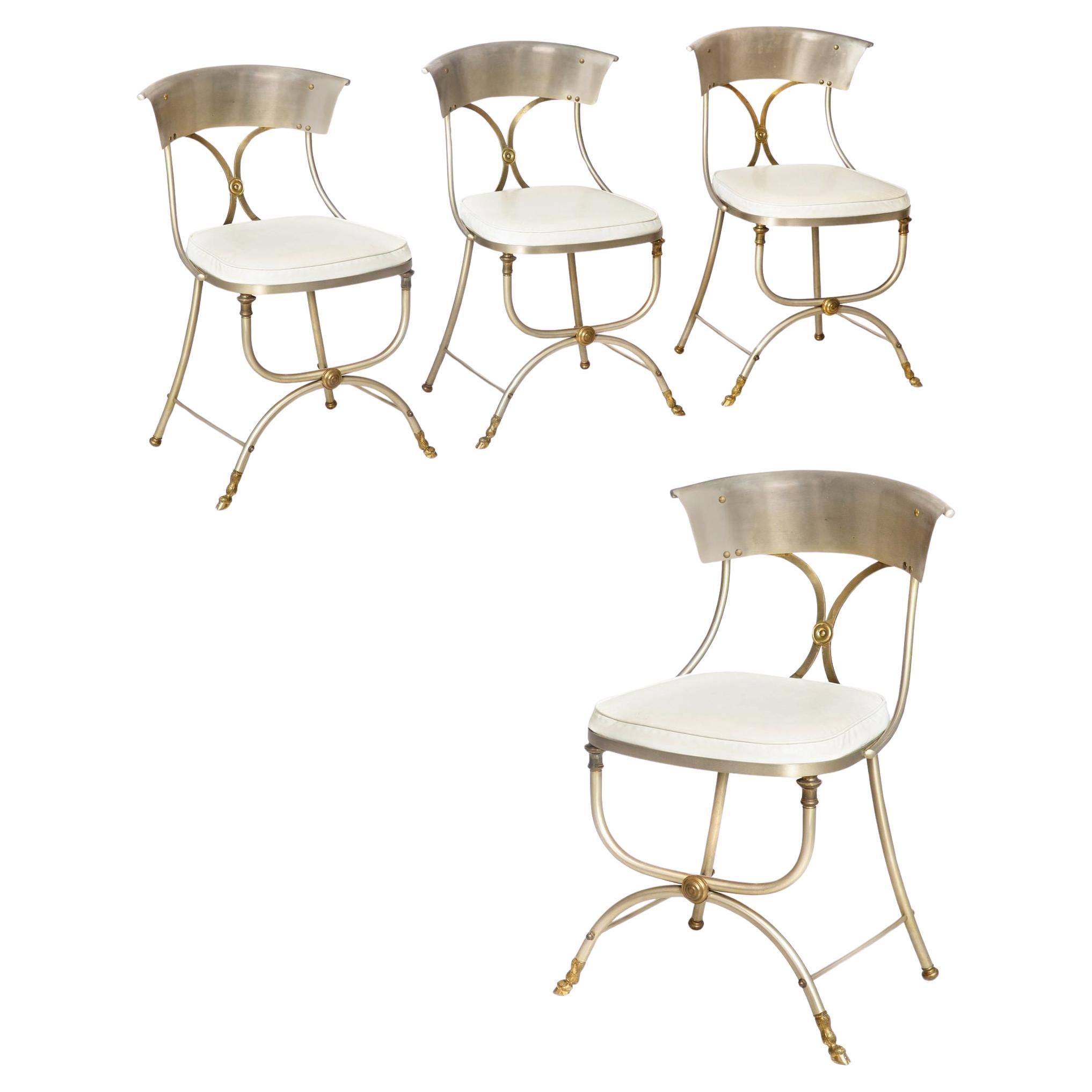 Ensemble de chaises de salle à manger en acier et laiton du milieu du siècle, probablement Maison Jansen