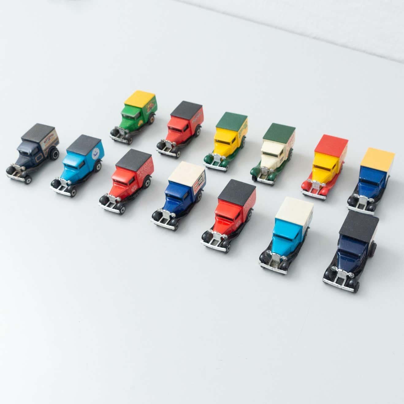 Set of thirteen vintage matchbox toy cars.
By unknown manufacturer, circa 1960.

In original condition, with minor wear consistent with age and use, preserving a beautiful patina.

Materials:
Metal
Plastic

Dimensions (each one):
D 8 cm x
