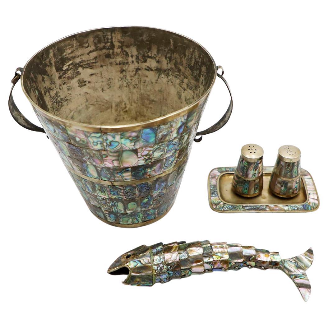 Set of Vintage Mexican Abalone Accessories For Sale