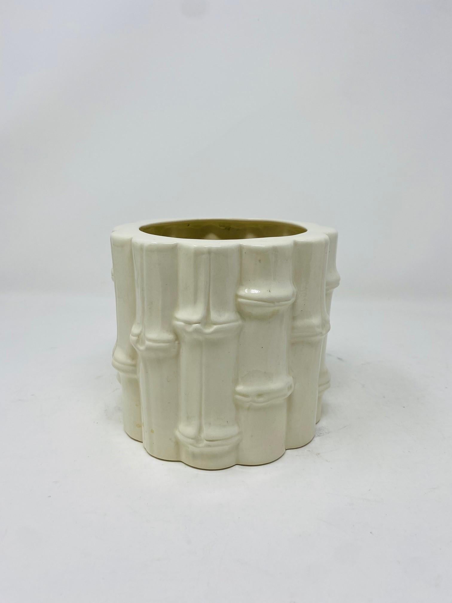 Hand-Crafted Set of Vintage Mid-Century White Ceramic Bamboo Vases  For Sale