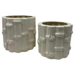 Set of Used Mid-Century White Ceramic Bamboo Vases 