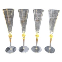Set of Vintage Murano Glass Champagne Flutes Signed Giovanni Cewoler