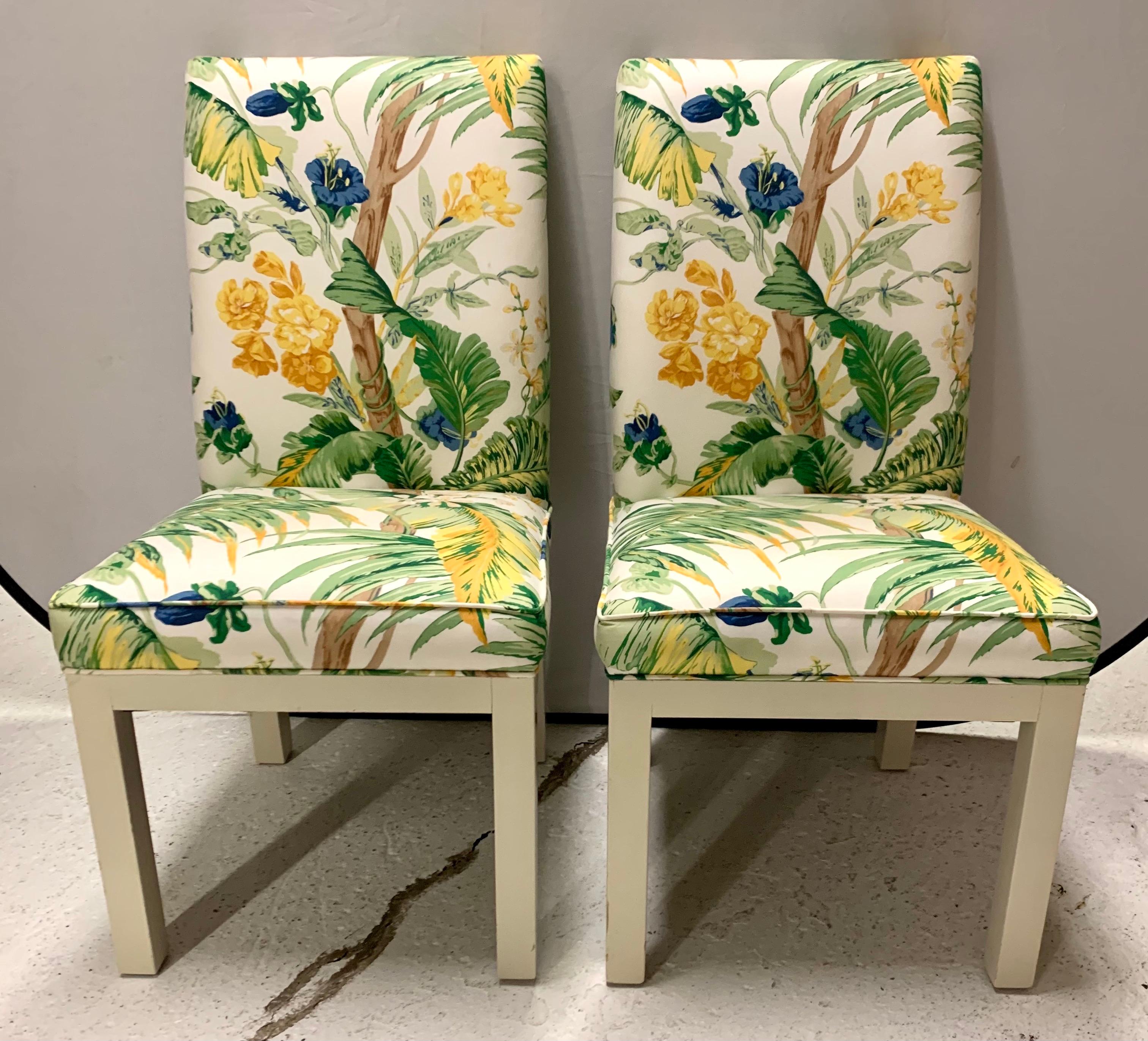 Fabulous set of four 1970's slipper chairs redone in a vibrant and gorgeous Lilly Pulitzer Lee Jofa fabric. The chairs scream 
