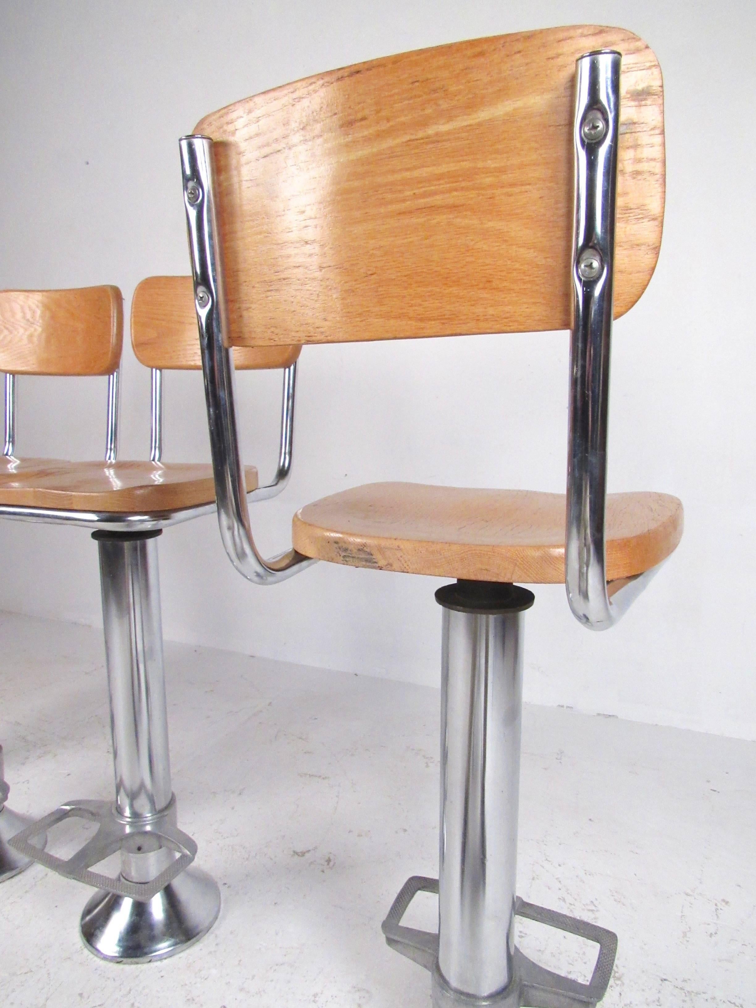 Set of Vintage Oak and Steel Barstools 4