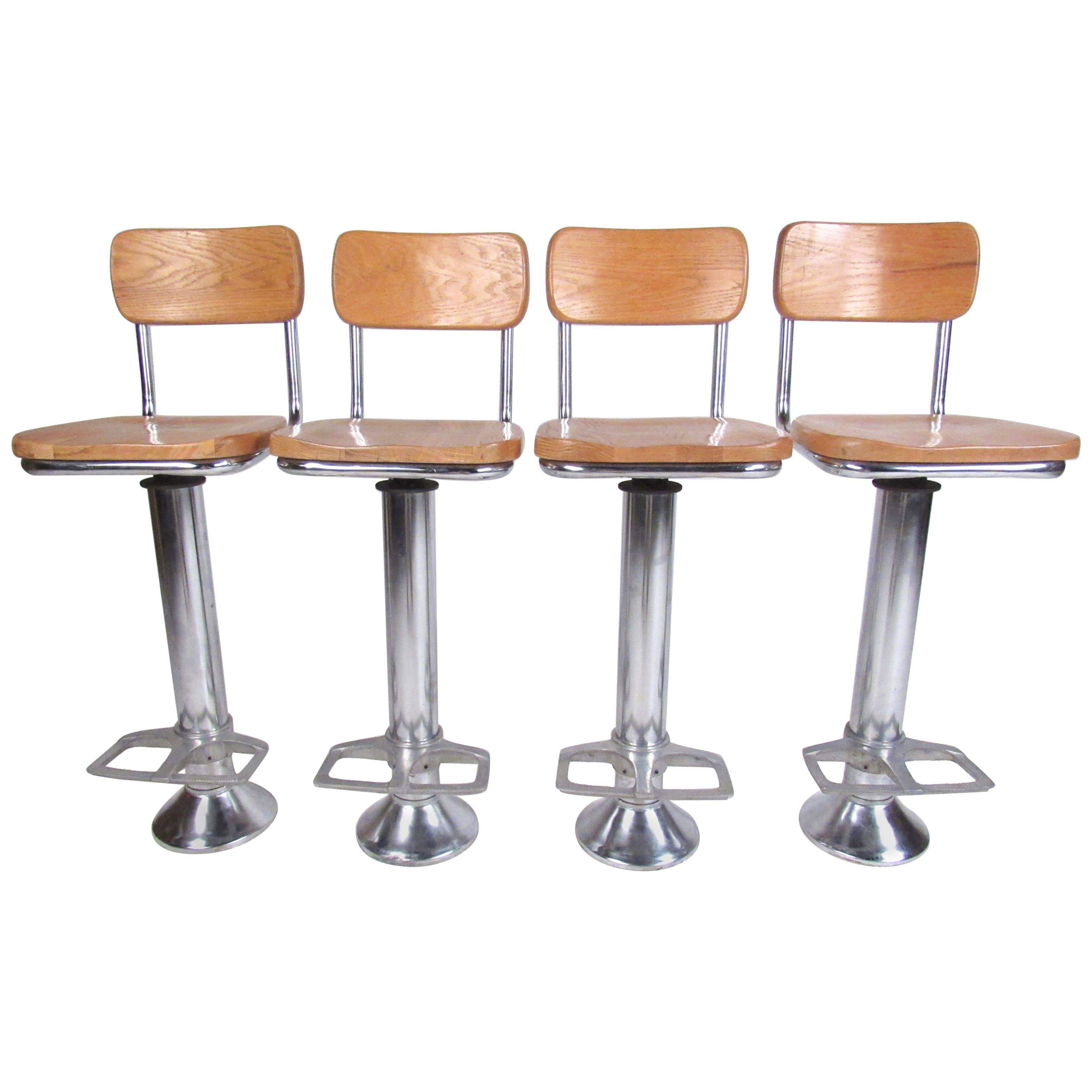 Set of Vintage Oak and Steel Barstools