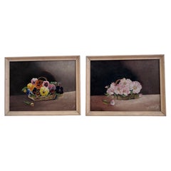 Set of Vintage Original Flower Oil Painting, Flower Still Life Pair