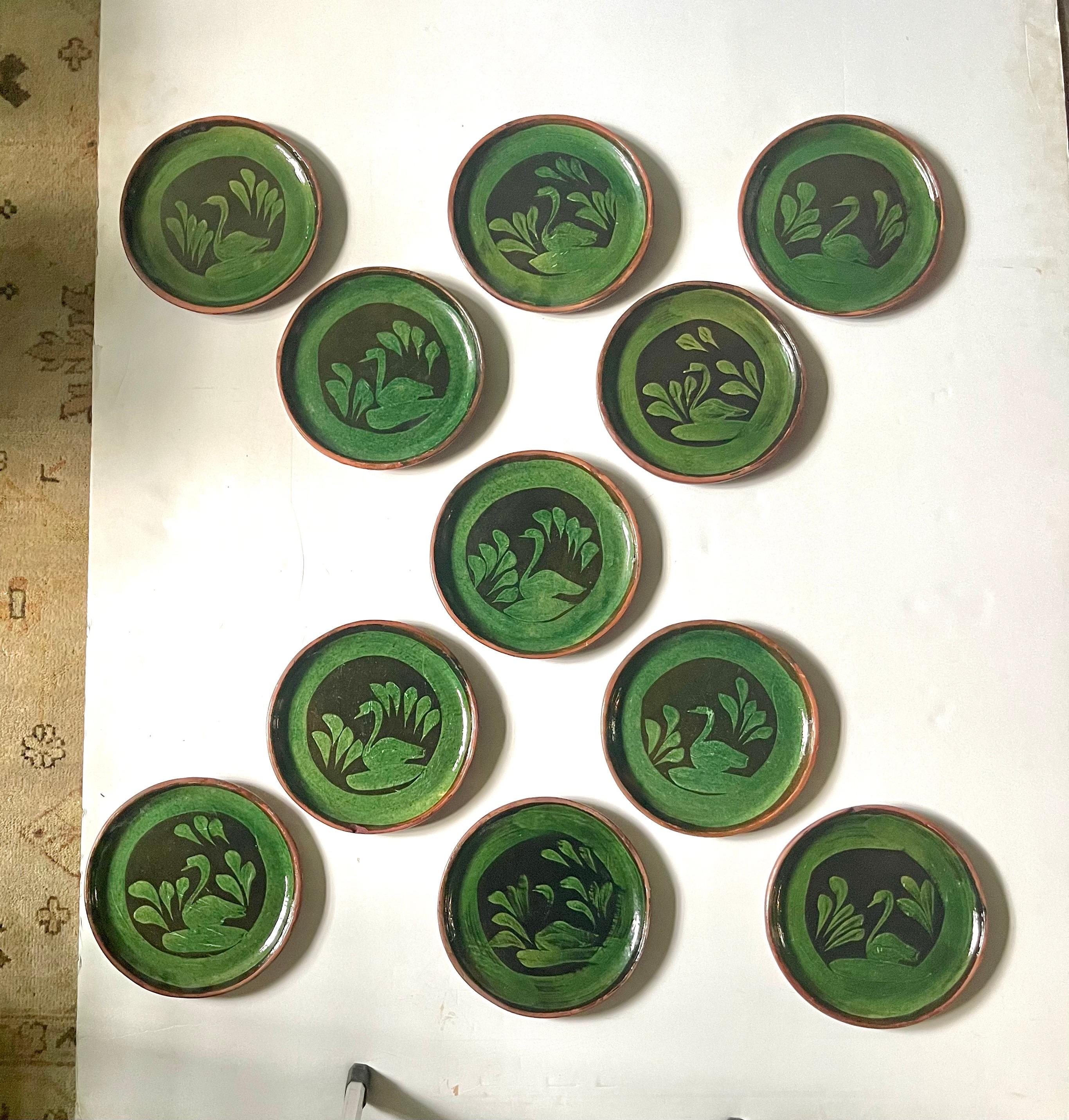 Set of Vintage Patamban Green Glazed Swan Pottery Plates 5