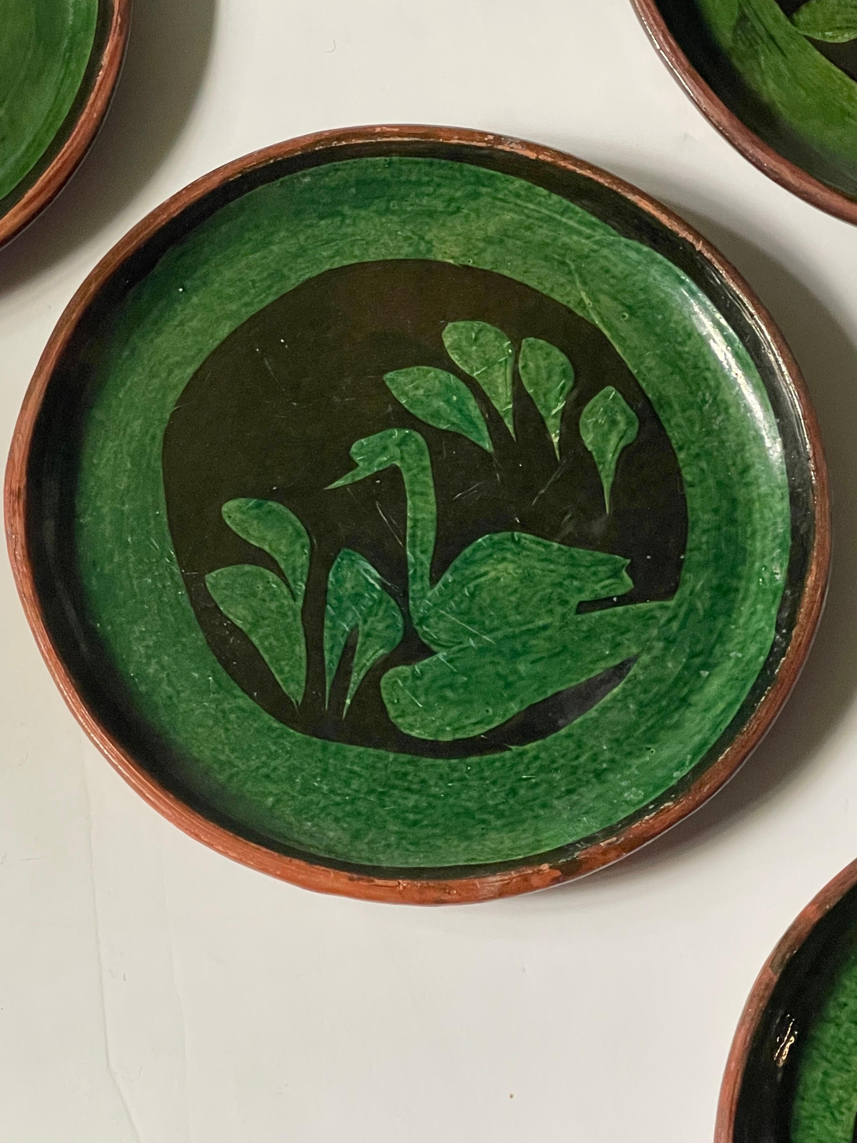 Set of Vintage Patamban Green Glazed Swan Pottery Plates 6