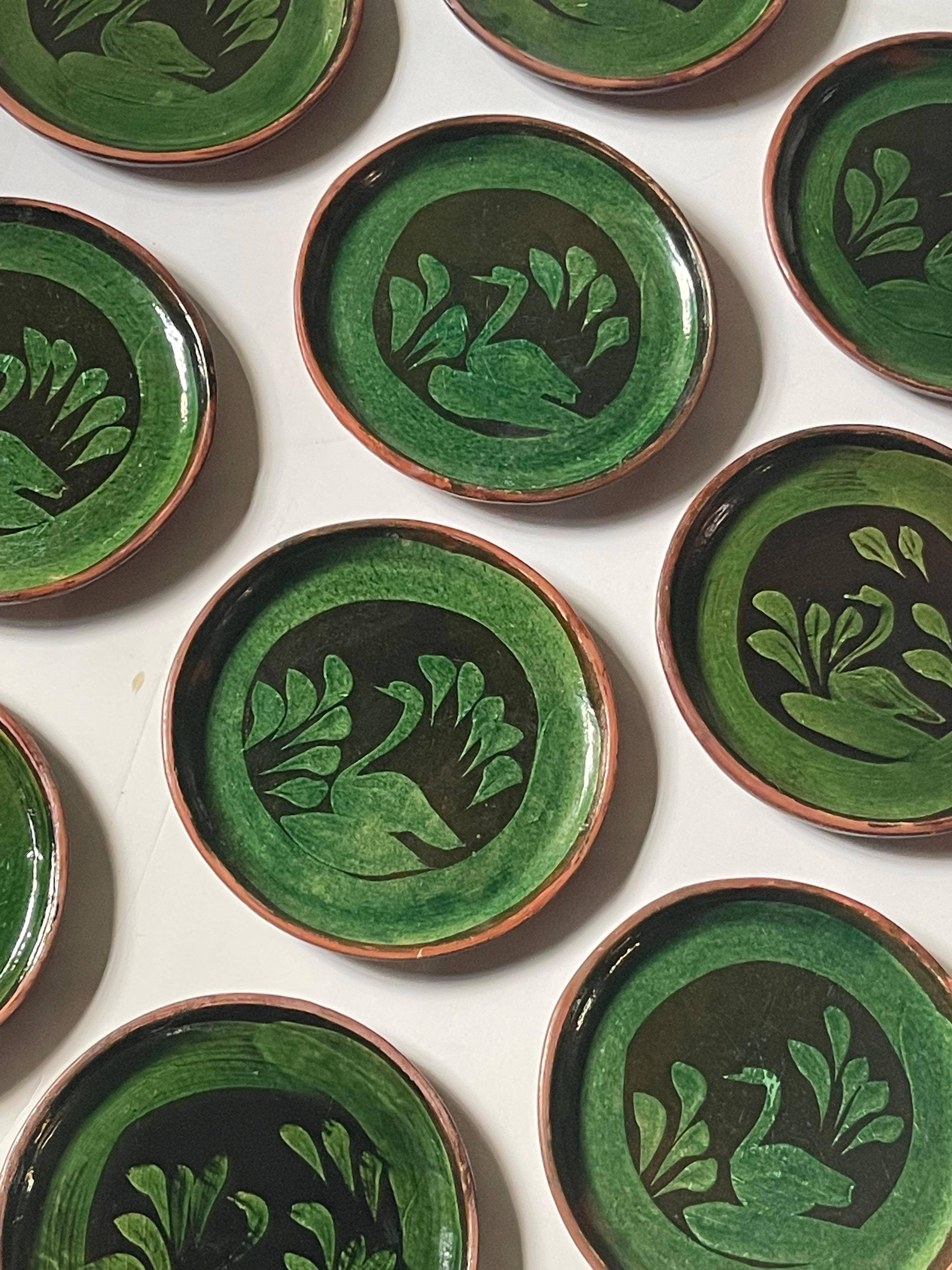 Folk Art Set of Vintage Patamban Green Glazed Swan Pottery Plates