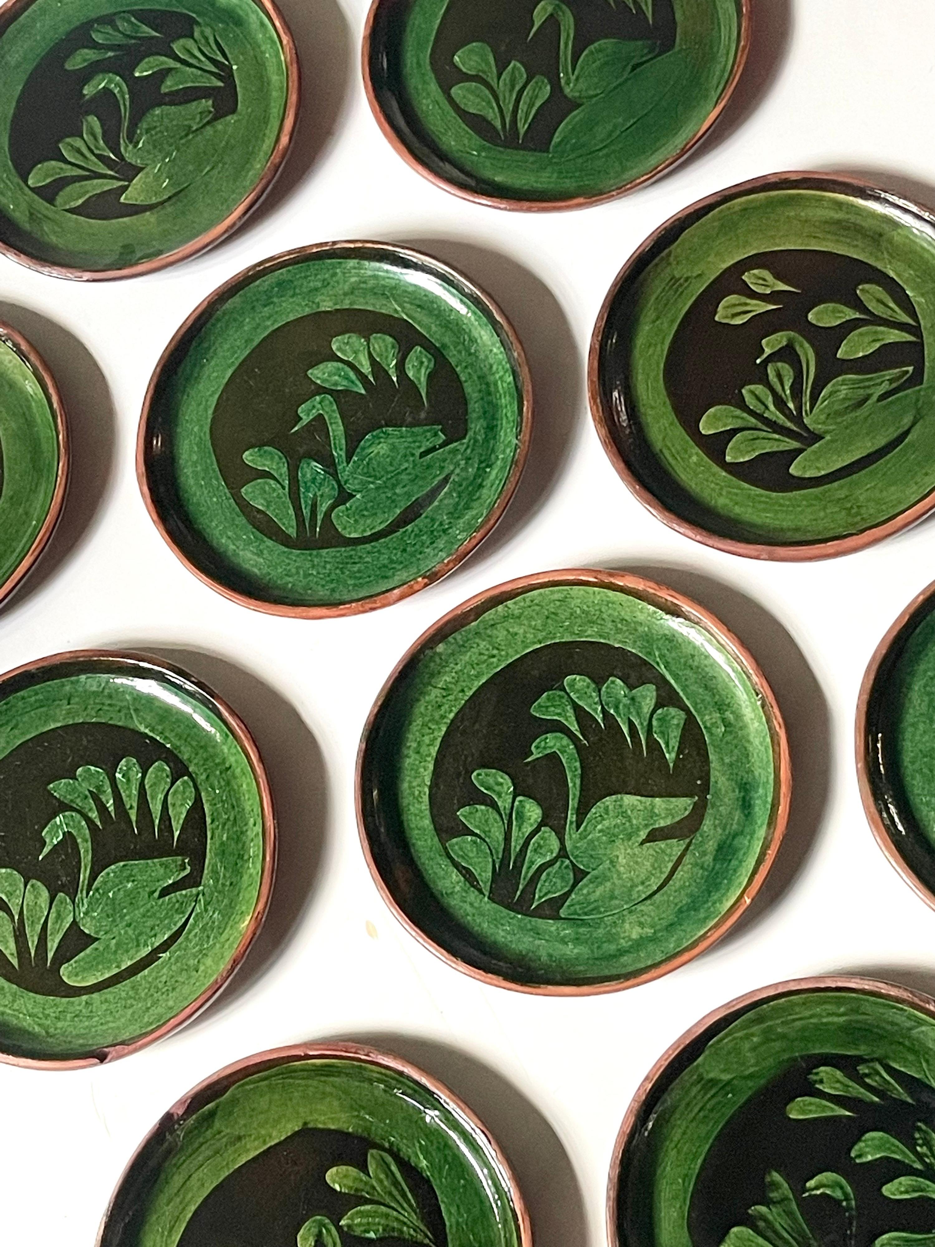 Mexican Set of Vintage Patamban Green Glazed Swan Pottery Plates