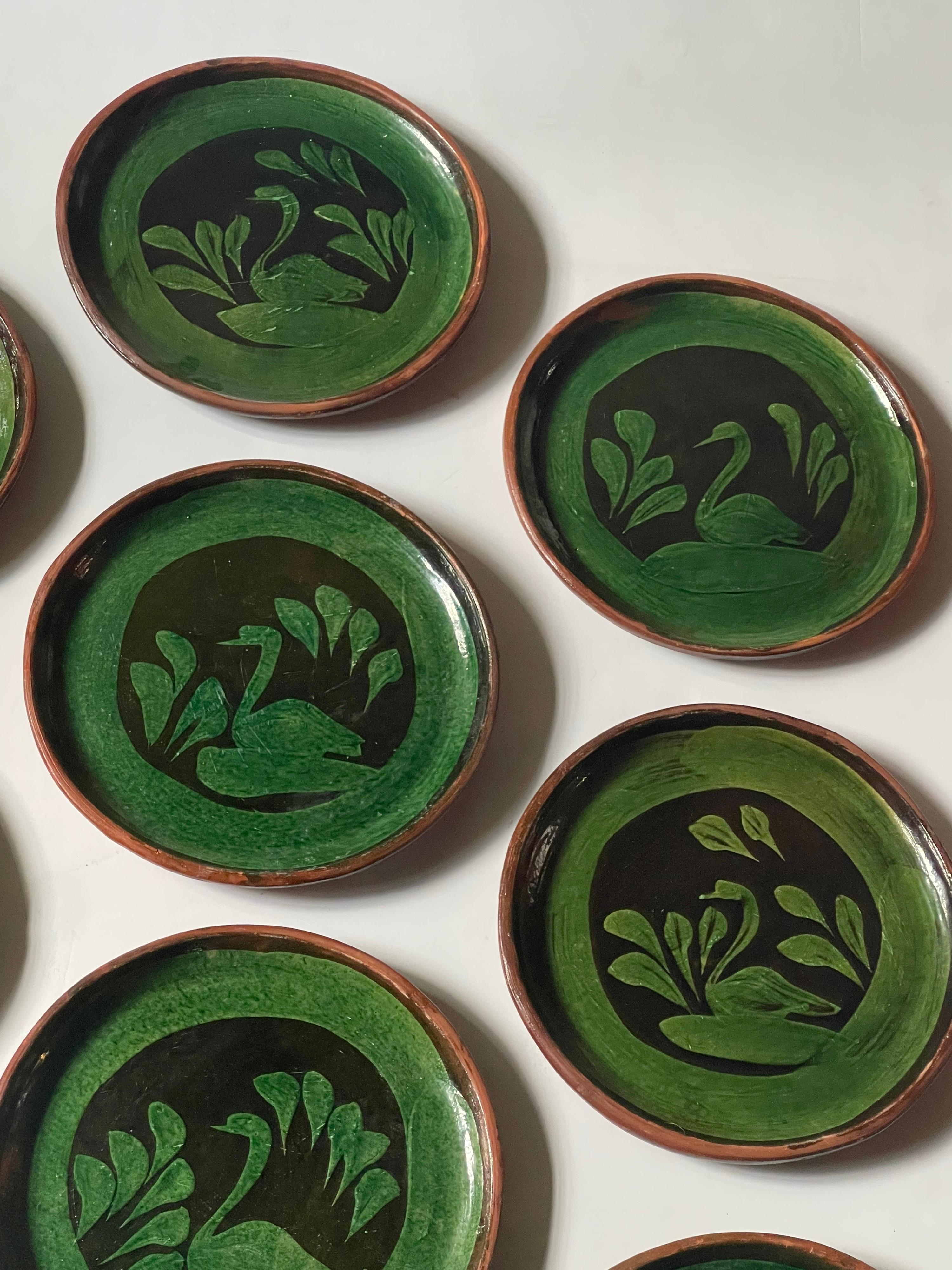 Set of Vintage Patamban Green Glazed Swan Pottery Plates 1