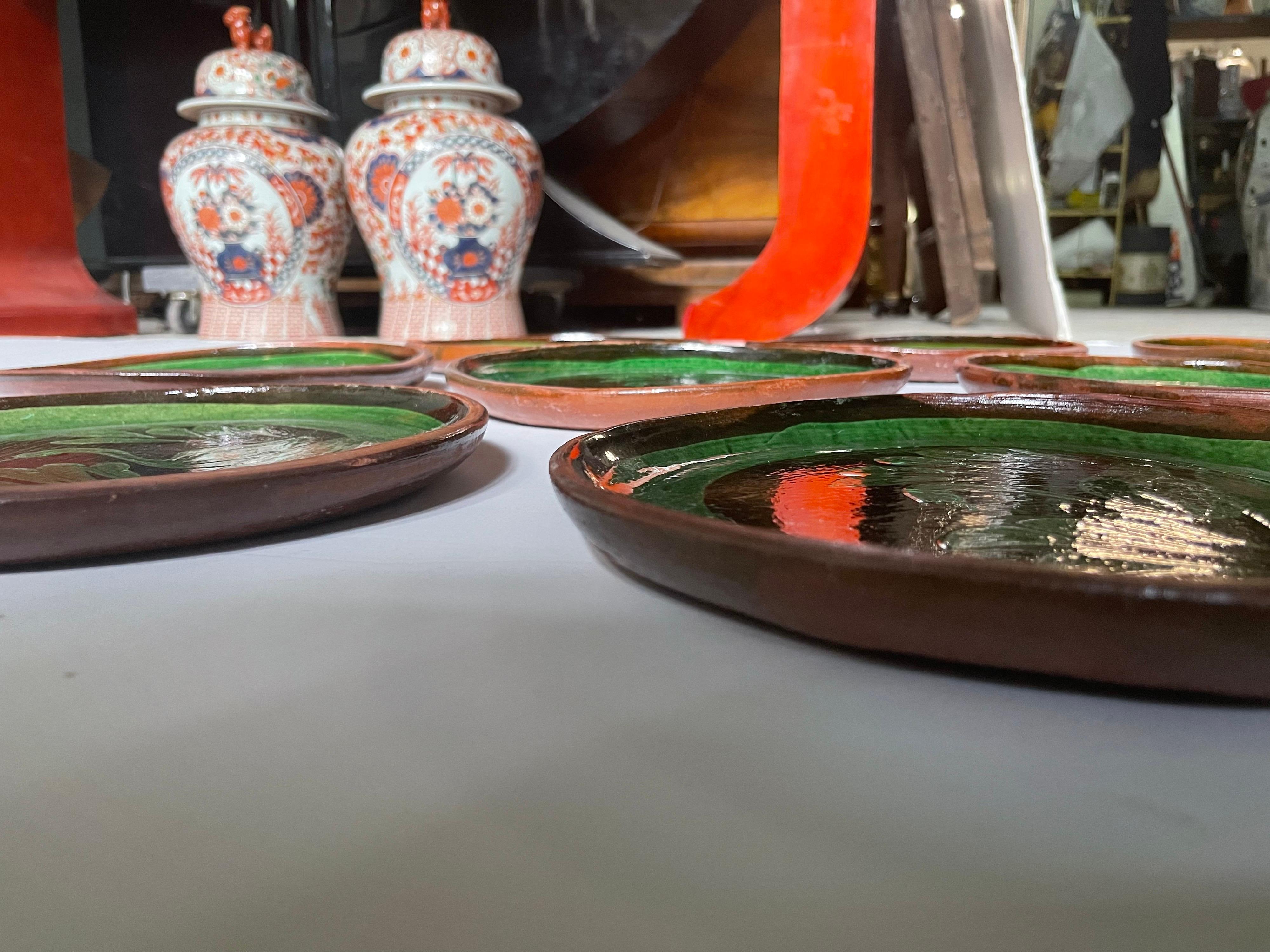 Set of Vintage Patamban Green Glazed Swan Pottery Plates 2