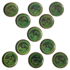 Set of Vintage Patamban Green Glazed Swan Pottery Plates