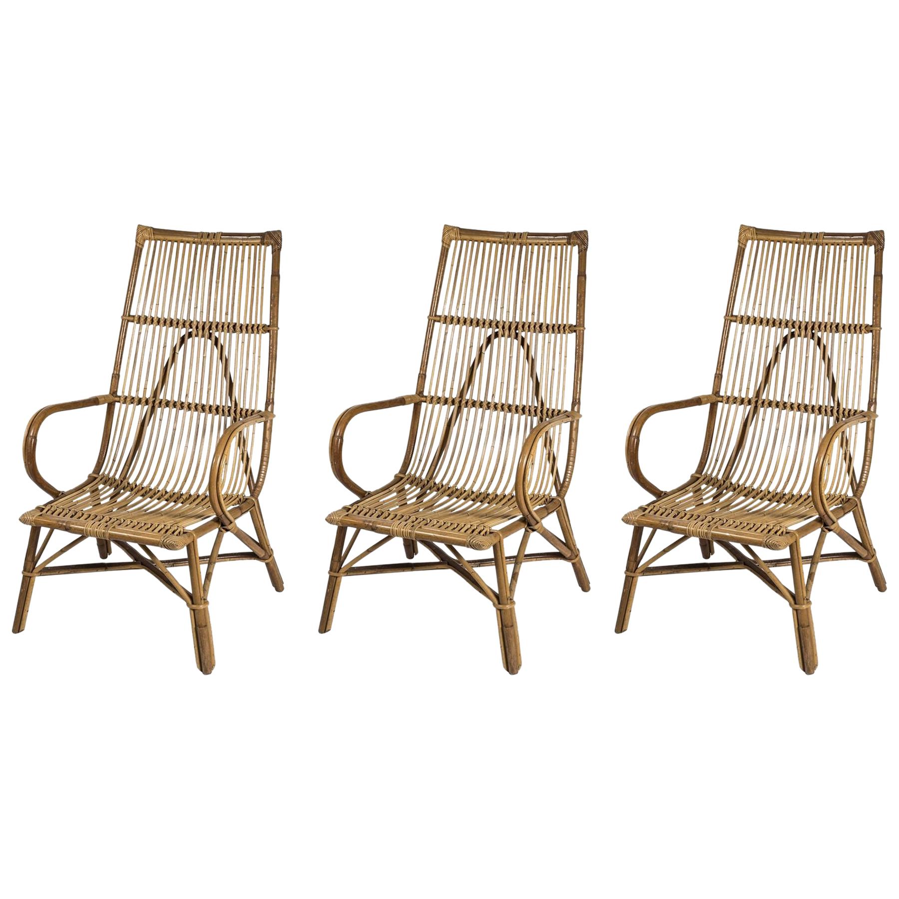 Set of Vintage Rattan Furniture Comprising Three Armchairs and Table, circa 1960