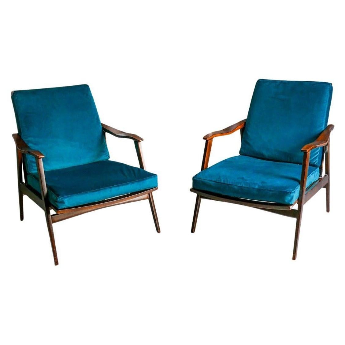 Set of vintage reclining armchairs, with teak frame and petrol blue cushions