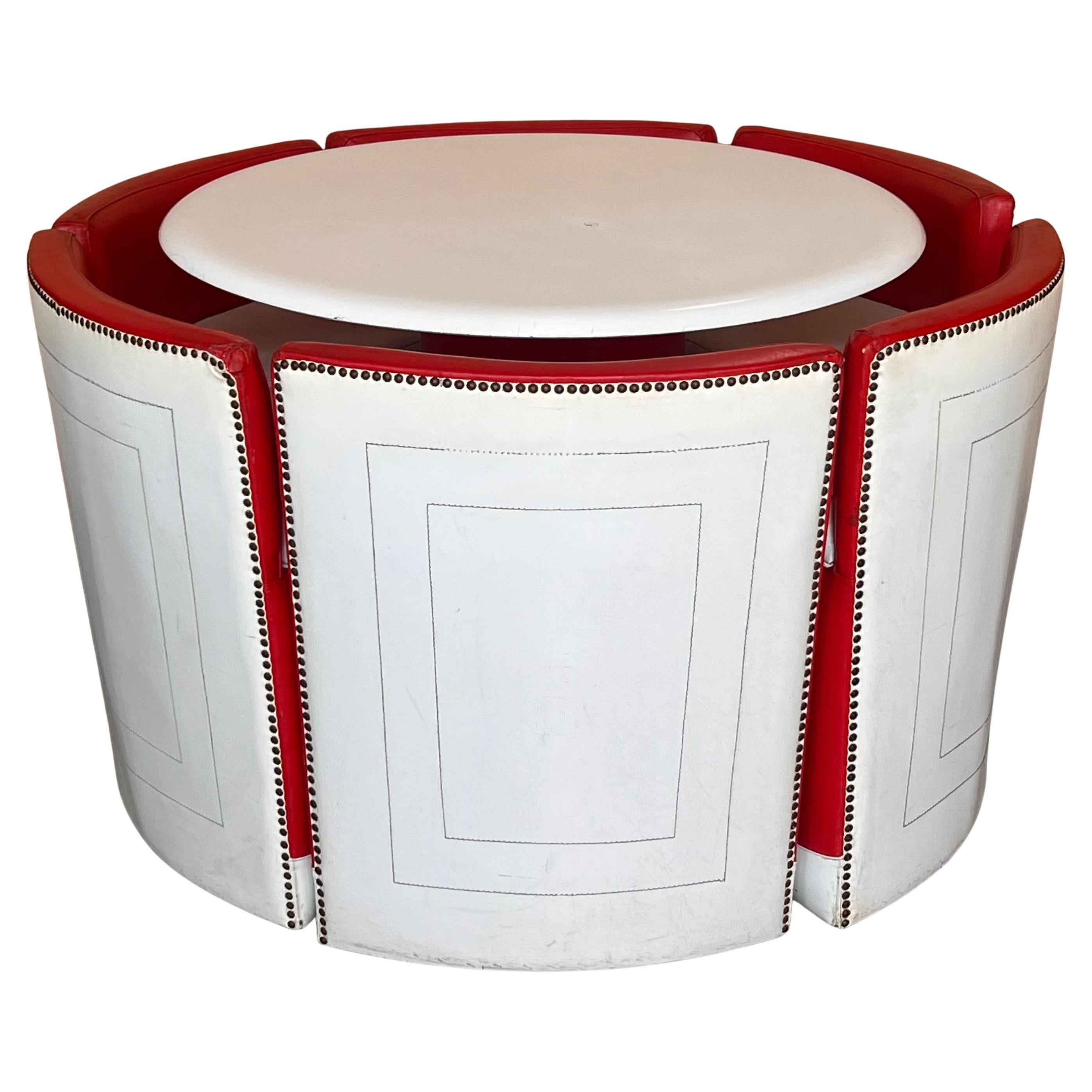 Set of Vintage Round table with Six Chairs in Red and White Leather