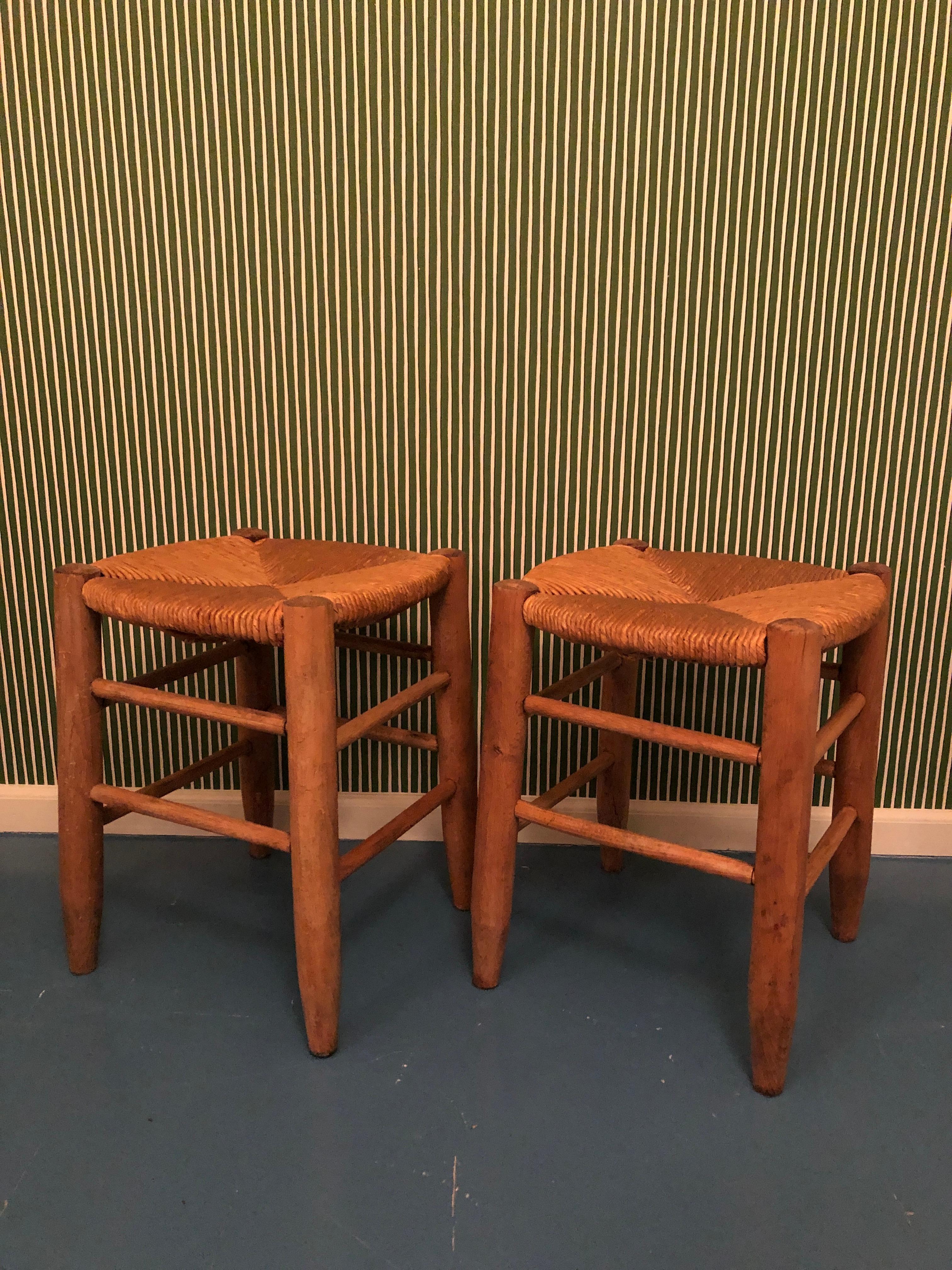 French Set of Vintage Stools in Wood with Woven Rush Seat, France, 1950s