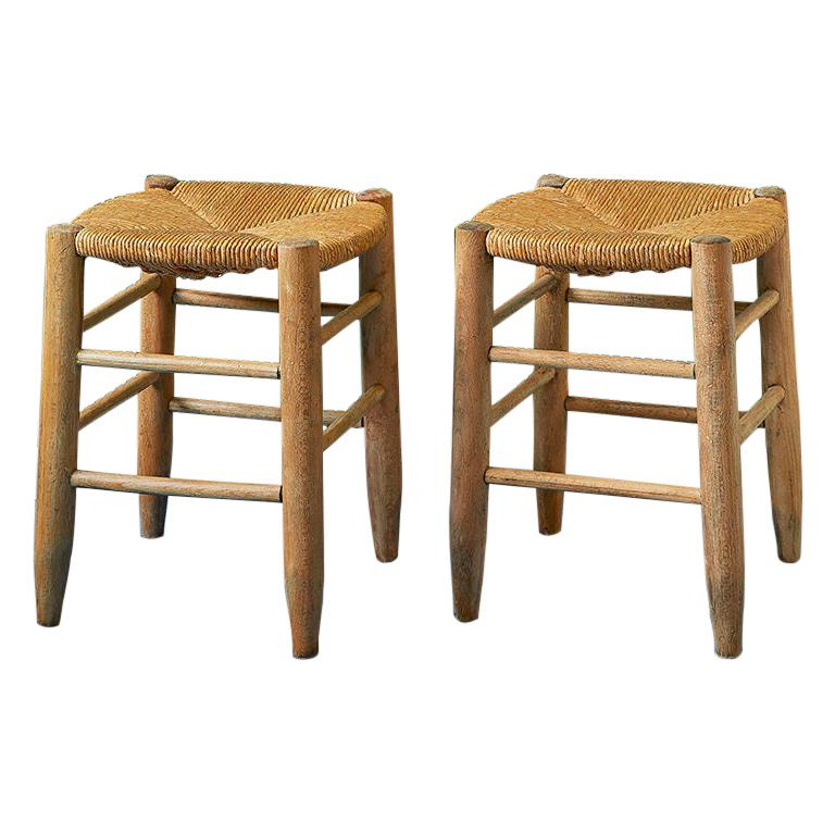 Set of Vintage Stools in Wood with Woven Rush Seat, France, 1950s