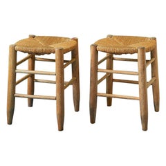 Set of Vintage Stools in Wood with Woven Rush Seat, France, 1950s Set of Vintage Stools in Wood with Woven Rush Seat, France, 1950s