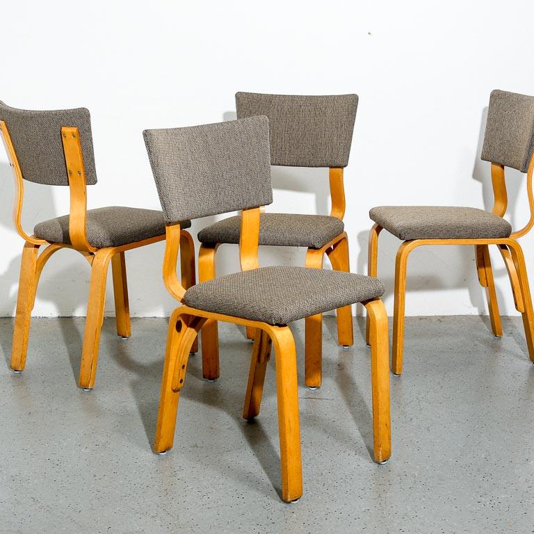 Set of 4 vintage Thonet Bentwood dining chairs with Alvar Aalto influences. Newly reupholstered in deadstock Alexander Girard fabric. 18.5