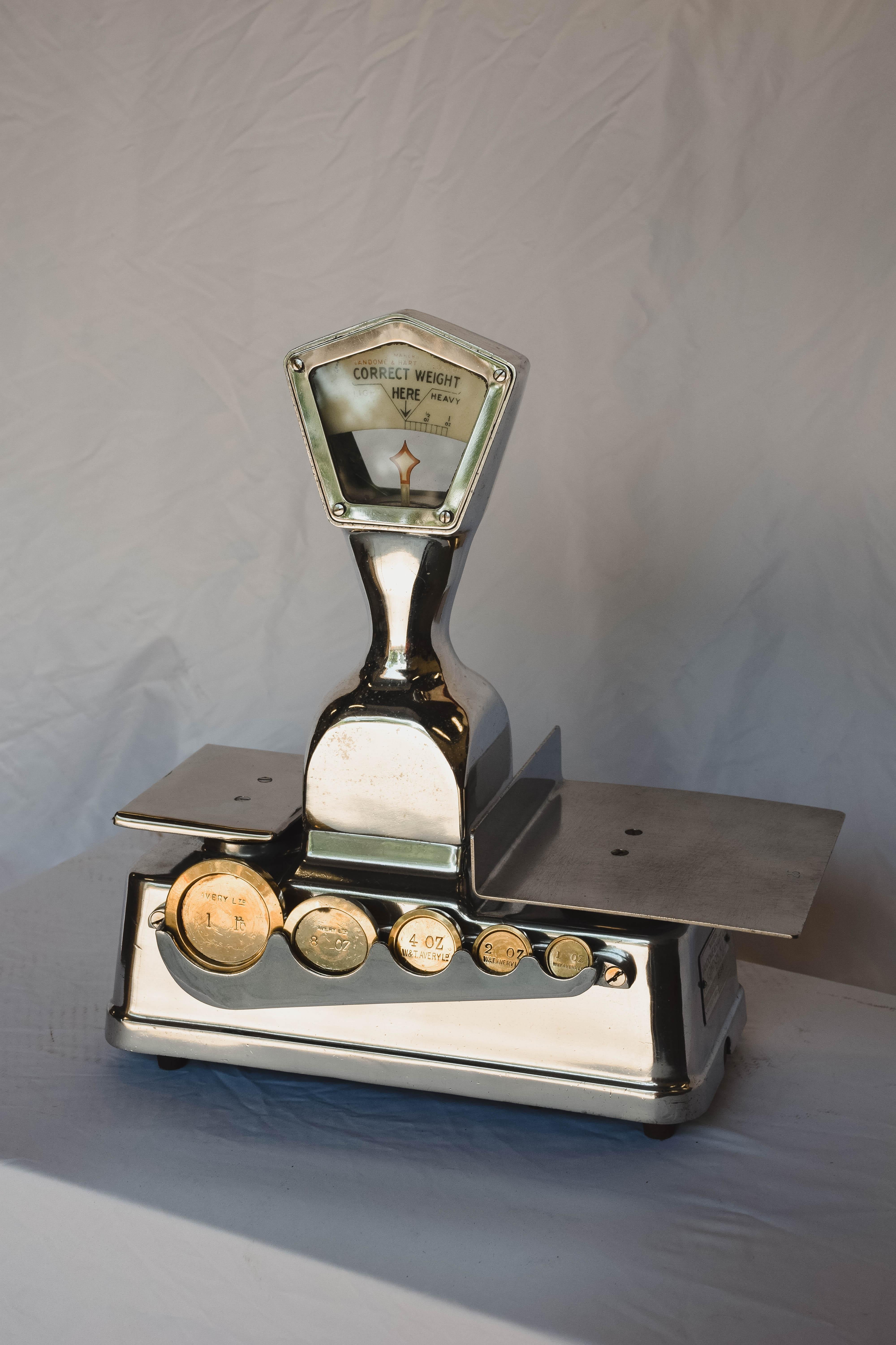 Fantastic set of vintage weighing scales made by Vandome & Hart Ltd. Dating from the either the 1920s or 1930s I believe the scales are made from brushed aluminum with steel frame and brass weights. The scales are marked 'Type No. 267' - Capacity