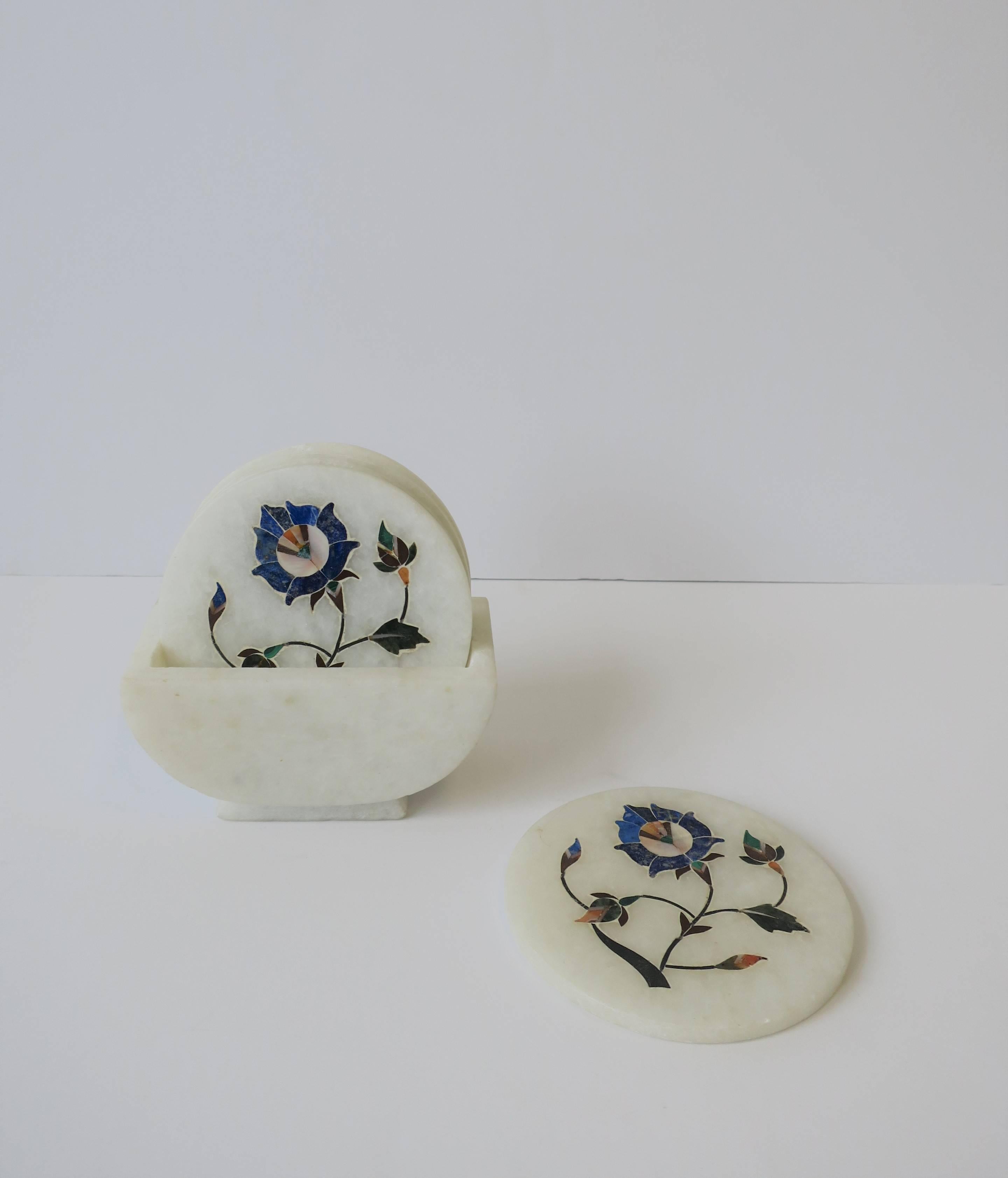 Indian Set of Vintage White Granite Marble Coaster Set with Inlay Design
