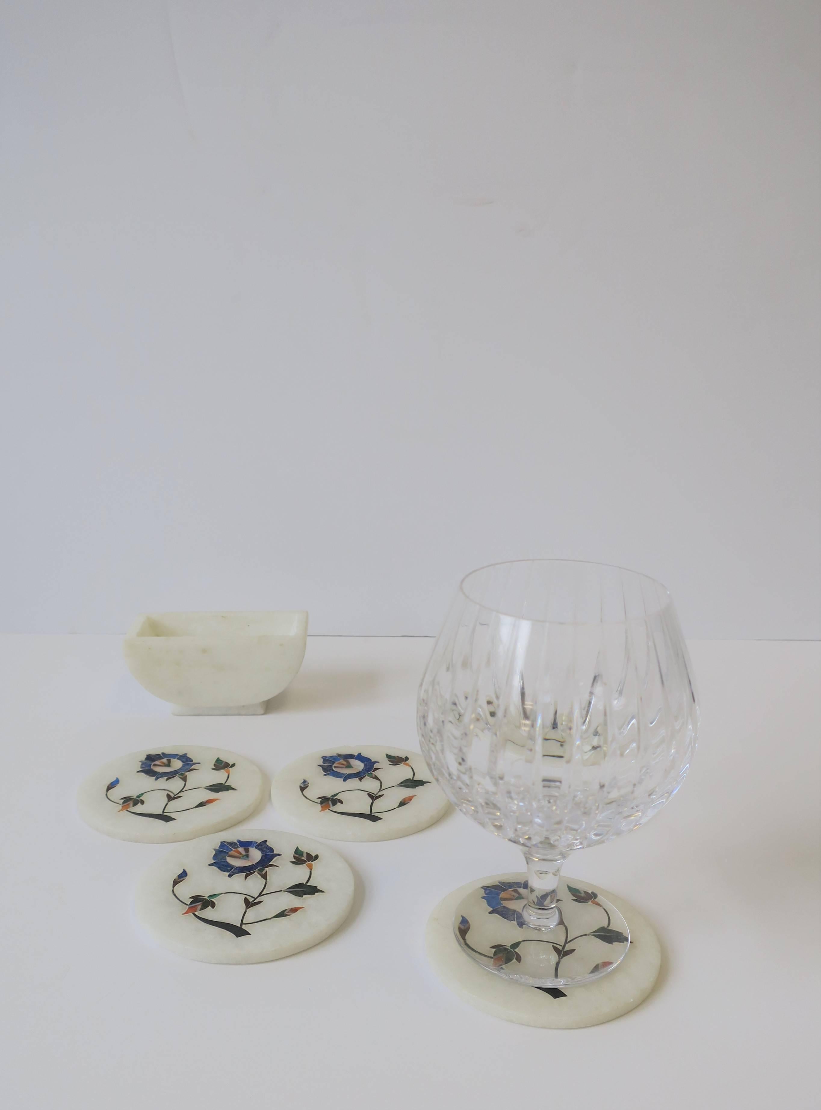 Mother-of-Pearl Set of Vintage White Granite Marble Coaster Set with Inlay Design