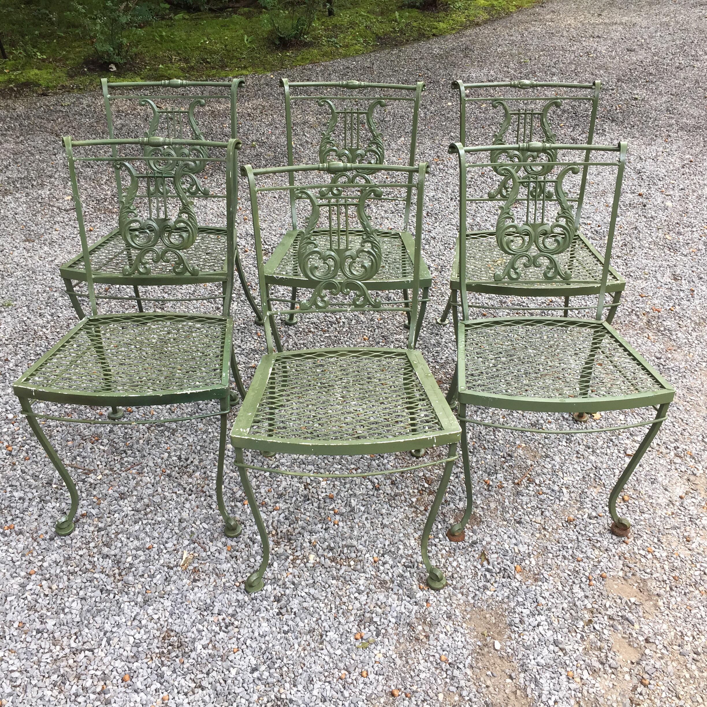 Set of Vintage Woodard Wrought Iron Lyre Themed Chairs In Good Condition In East Hampton, NY