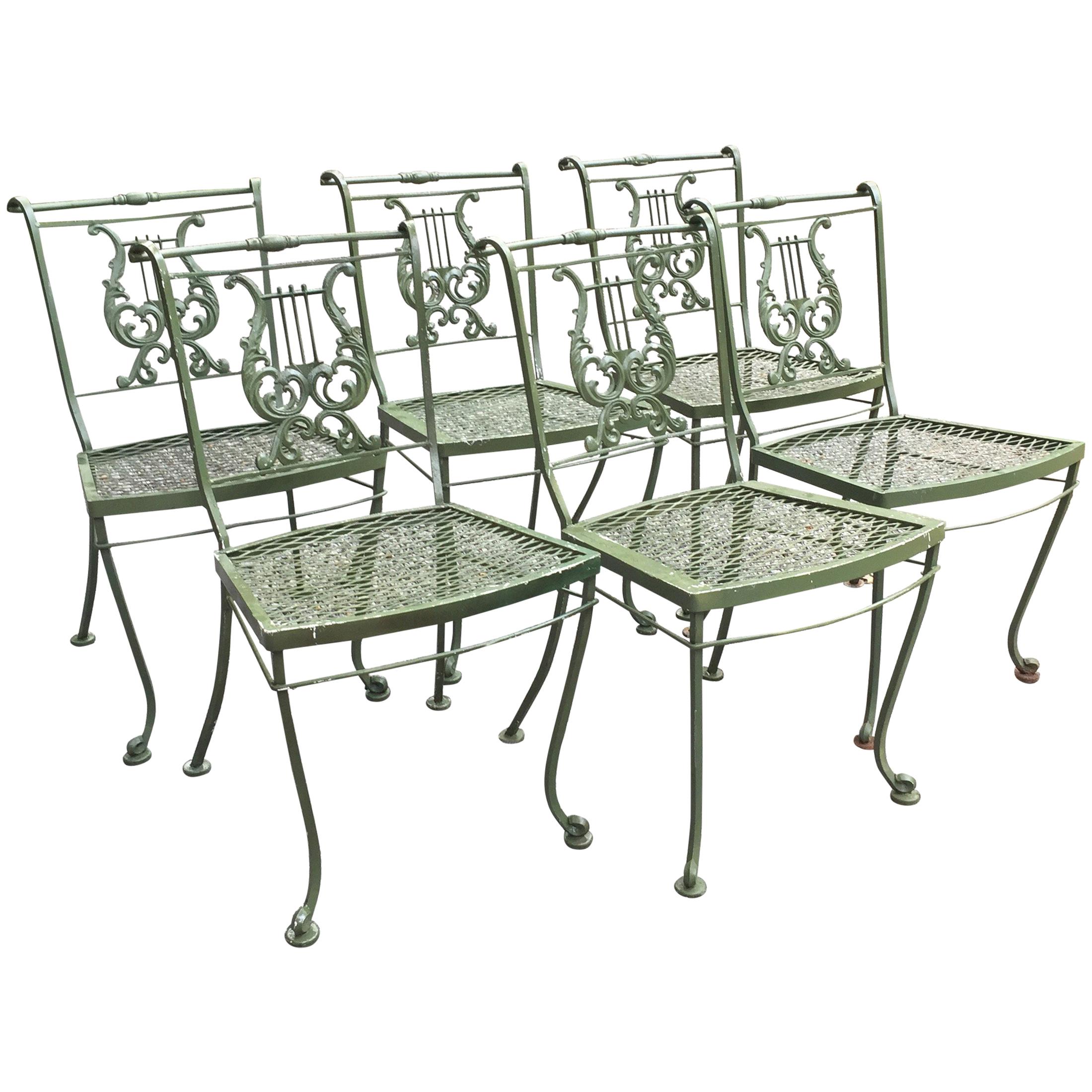Set of Vintage Woodard Wrought Iron Lyre Themed Chairs