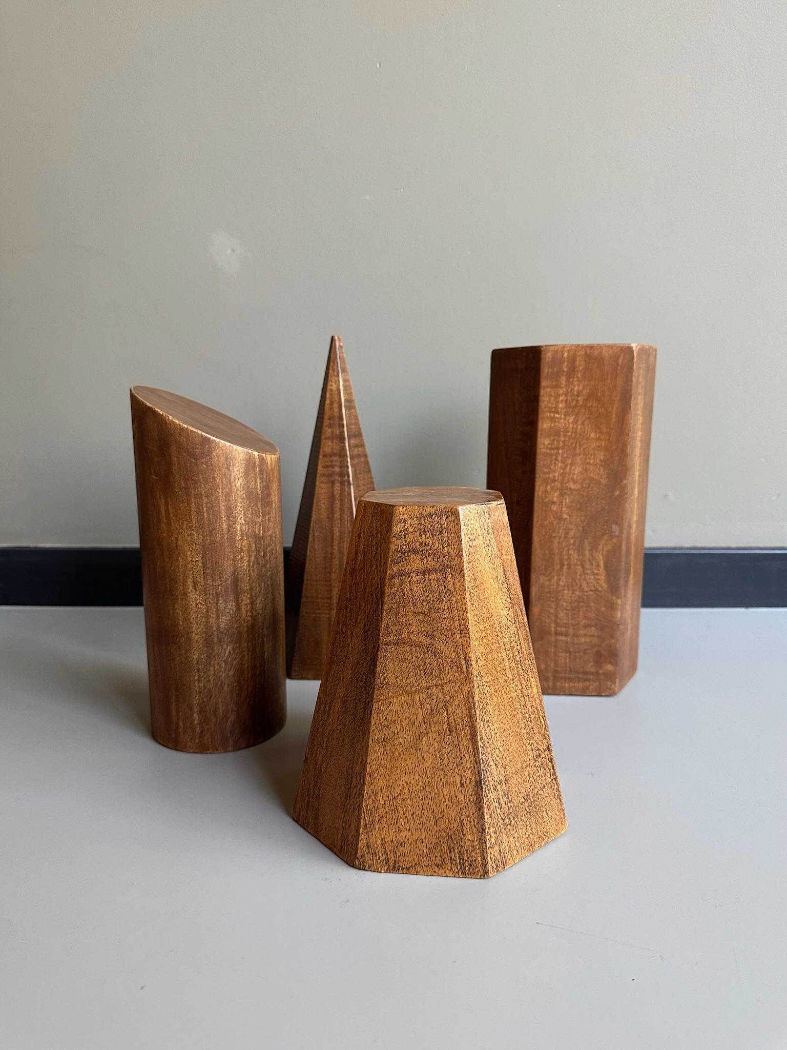 Four vintage geometric shapes used in classes for mathematics.

Probably made in Brussels, Belgium in the 1930s.

Beautiful shaped not only used for mathematic classes but also for art classes.
Now wonderful to use to style a desk or cabinet.

Four