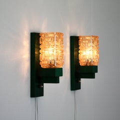 Set of 'Vitrika' Wall Lamps in green stained wood & Amber Glass, Denmark, 1970s