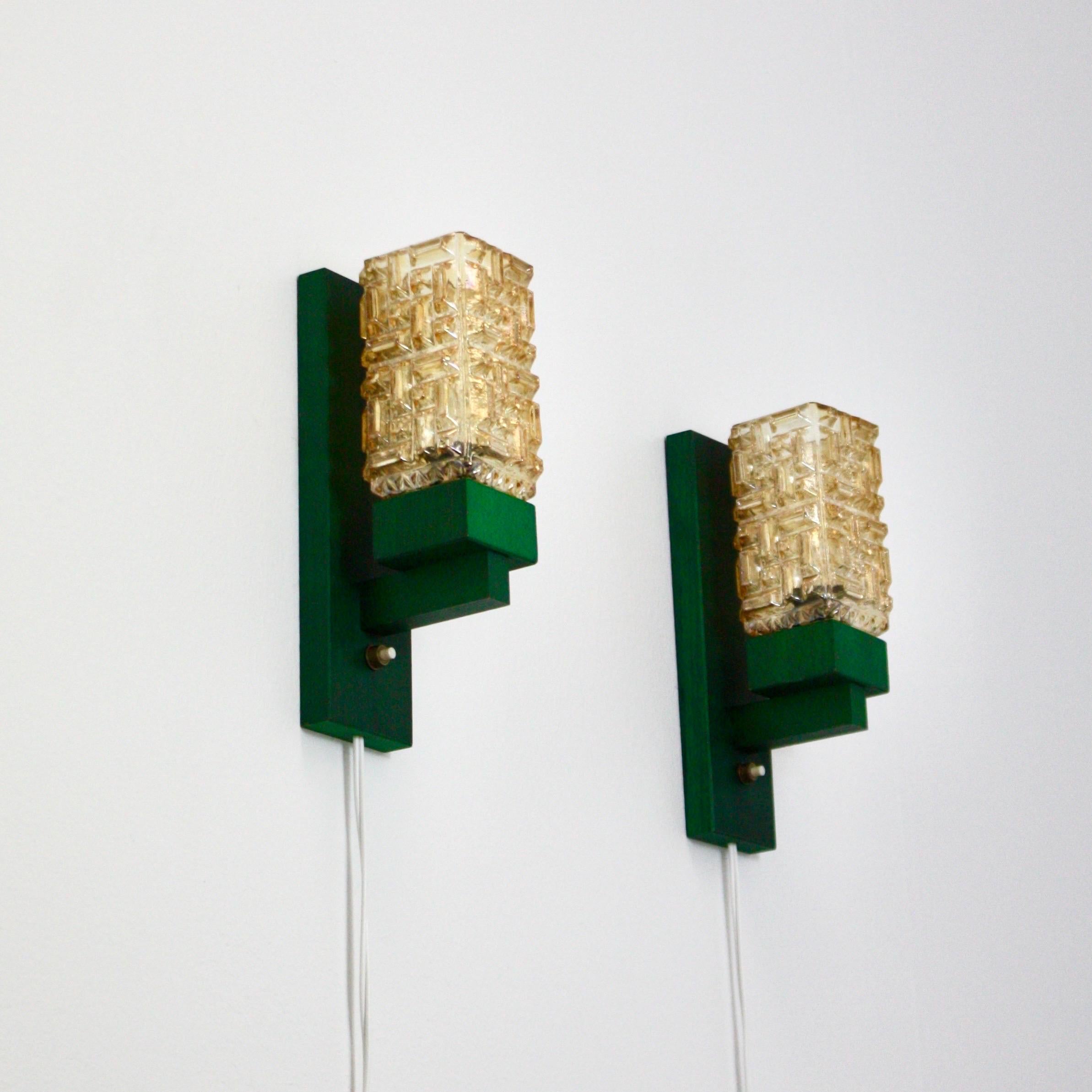 Danish Set of 'Vitrika' Wall Lamps in green stained wood & Amber Glass, Denmark, 1970s For Sale