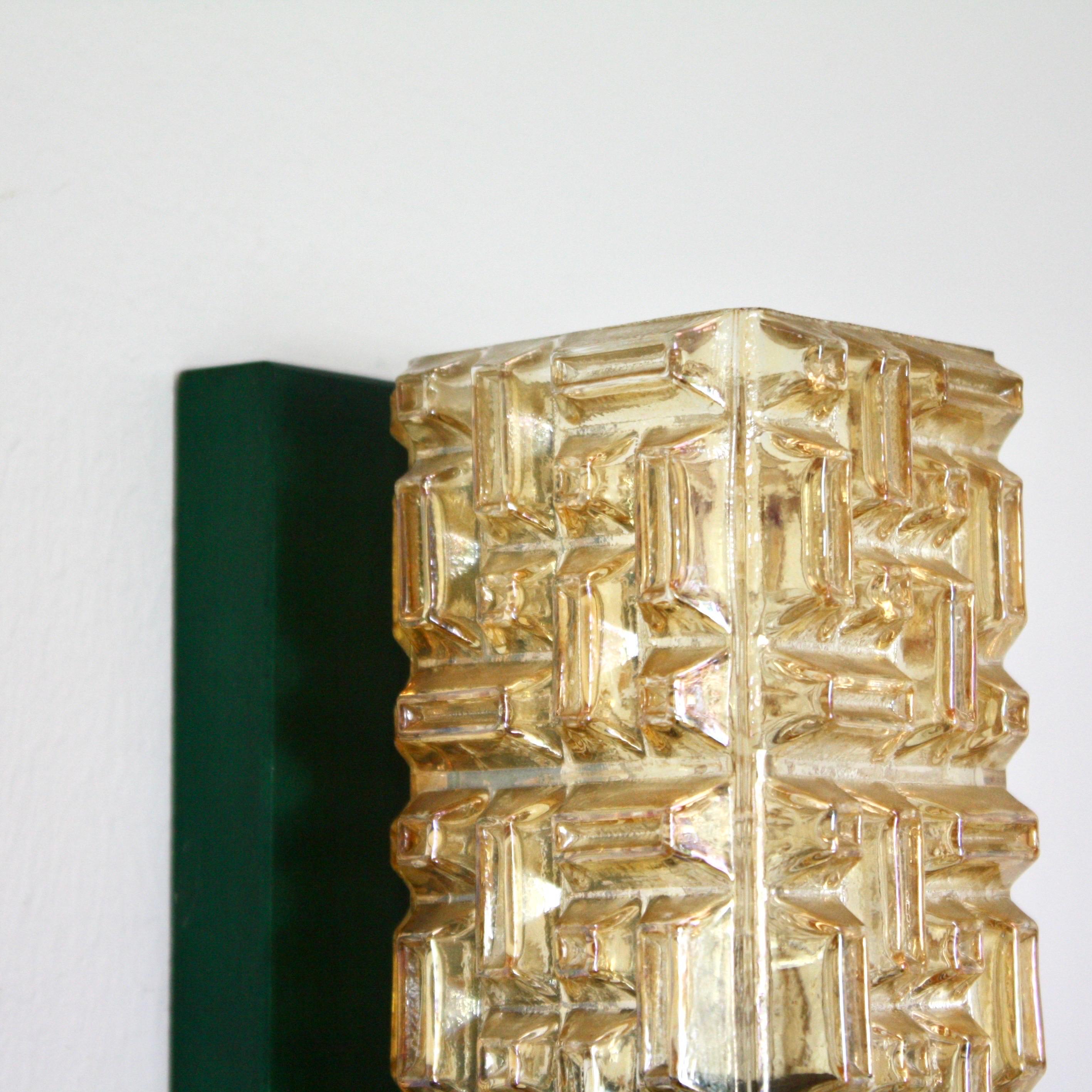 Late 20th Century Set of 'Vitrika' Wall Lamps in green stained wood & Amber Glass, Denmark, 1970s For Sale