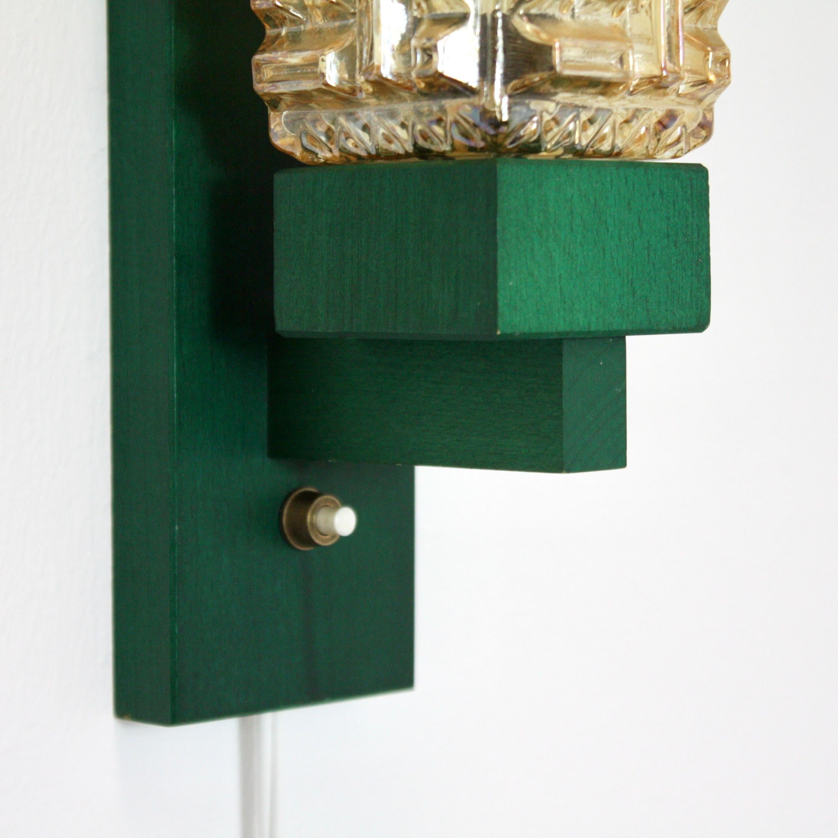 Set of 'Vitrika' Wall Lamps in green stained wood & Amber Glass, Denmark, 1970s For Sale 1