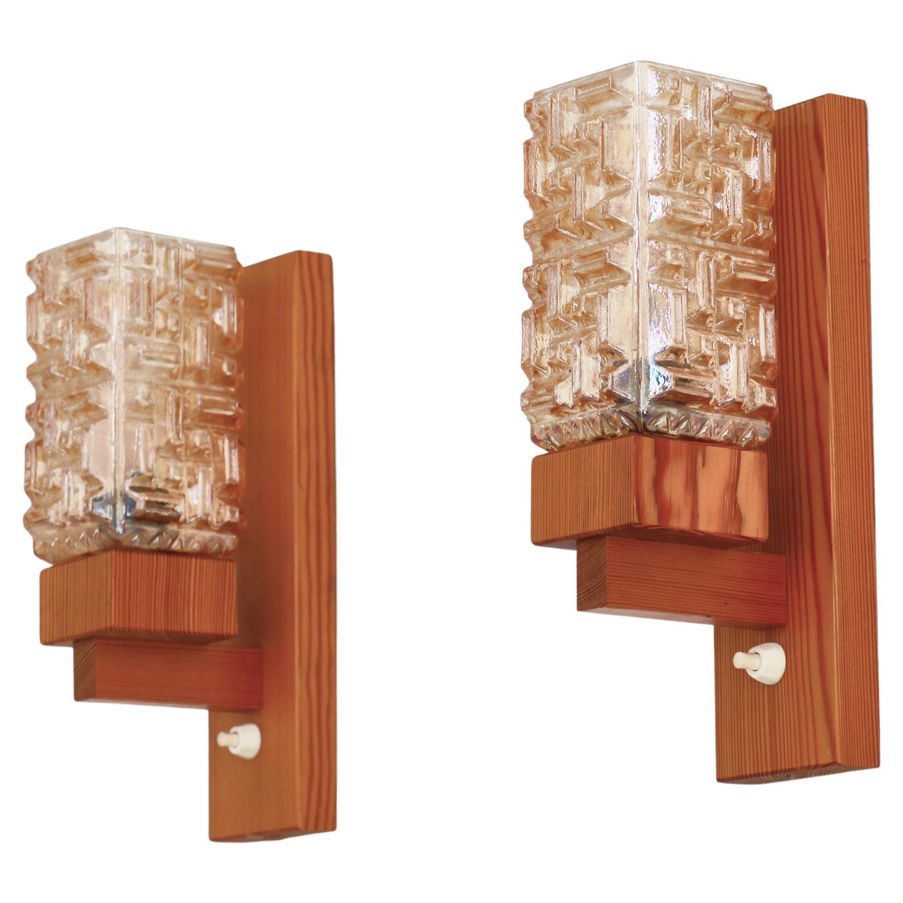 Set of "Vitrika" Wall Lamps in Pinewood & Amber Glass, Denmark, 1970s For Sale