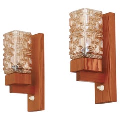 Set of "Vitrika" Wall Lamps in Pinewood & Amber Glass, Denmark, 1970s