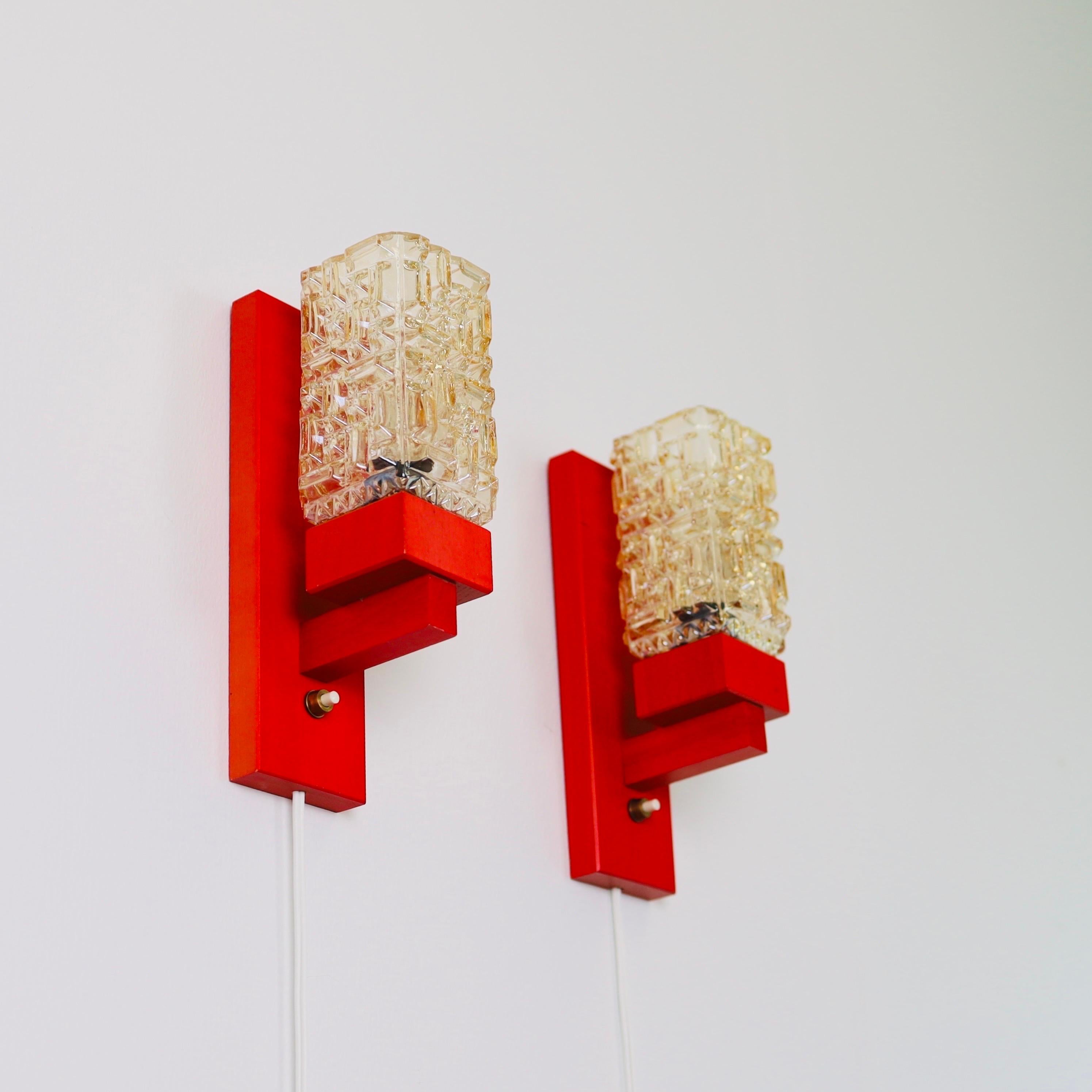 Danish Set of 'Vitrika' Wall Lamps in Red stained wood & Amber Glass, Denmark, 1970s For Sale