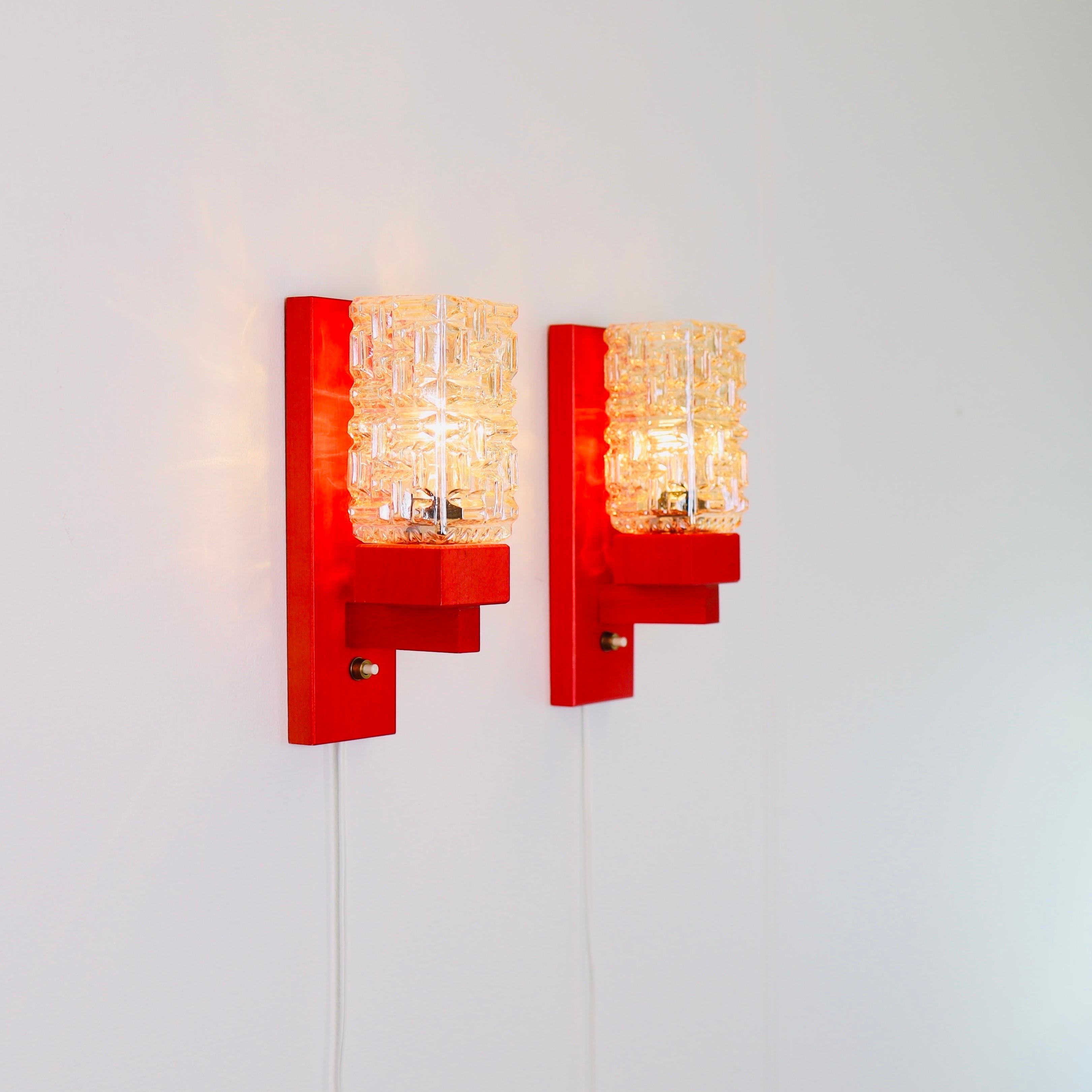 Late 20th Century Set of 'Vitrika' Wall Lamps in Red stained wood & Amber Glass, Denmark, 1970s For Sale