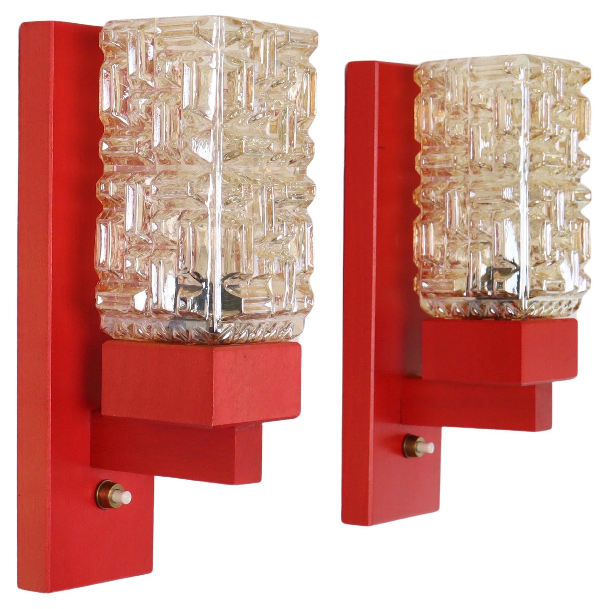 Set of 'Vitrika' Wall Lamps in Red stained wood & Amber Glass, Denmark, 1970s For Sale