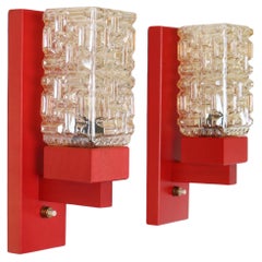 Used Set of 'Vitrika' Wall Lamps in Red stained wood & Amber Glass, Denmark, 1970s
