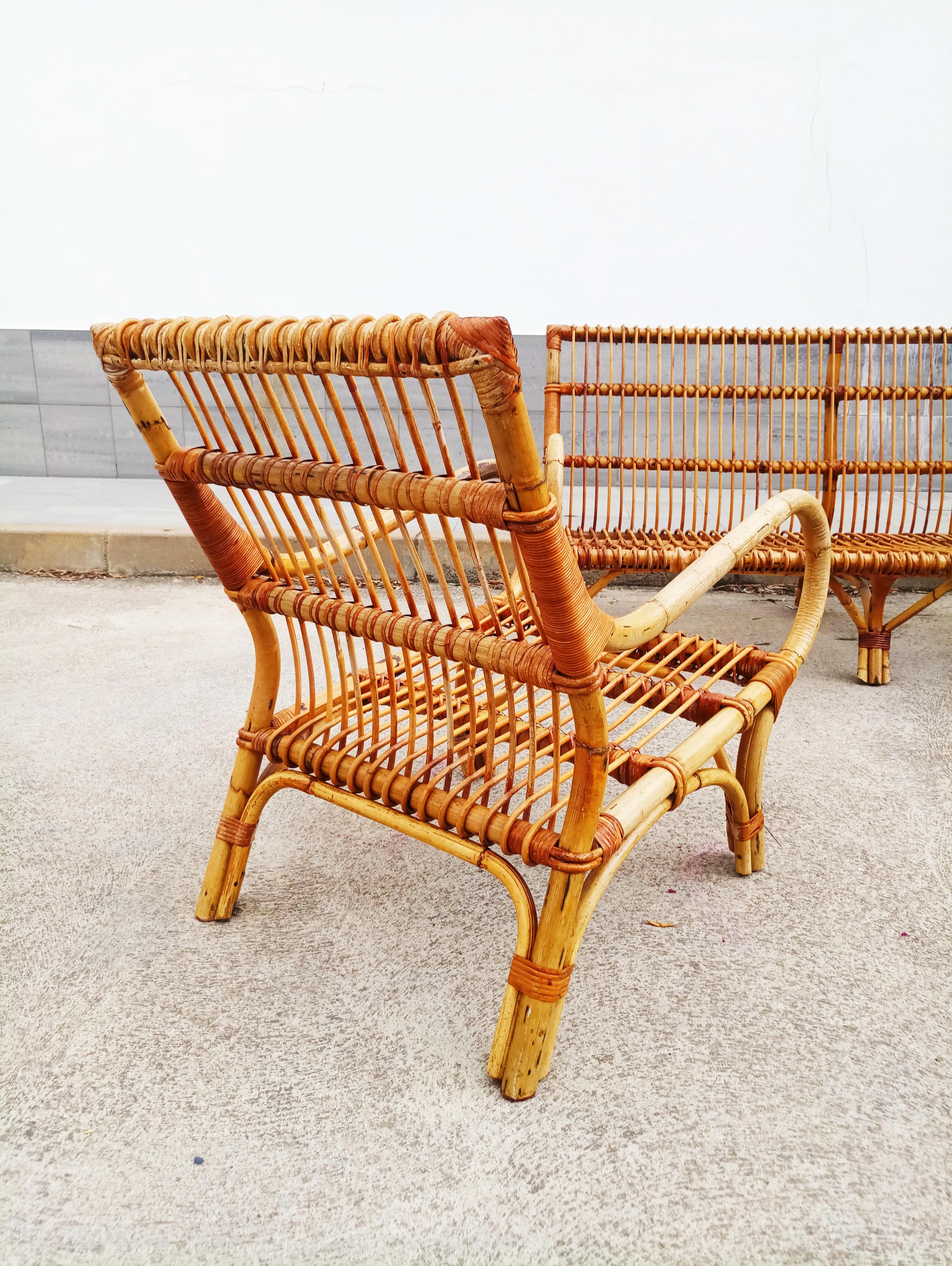 Set of Bamboo and Rattan Armchair and Sofa, Italy, 1960s 5