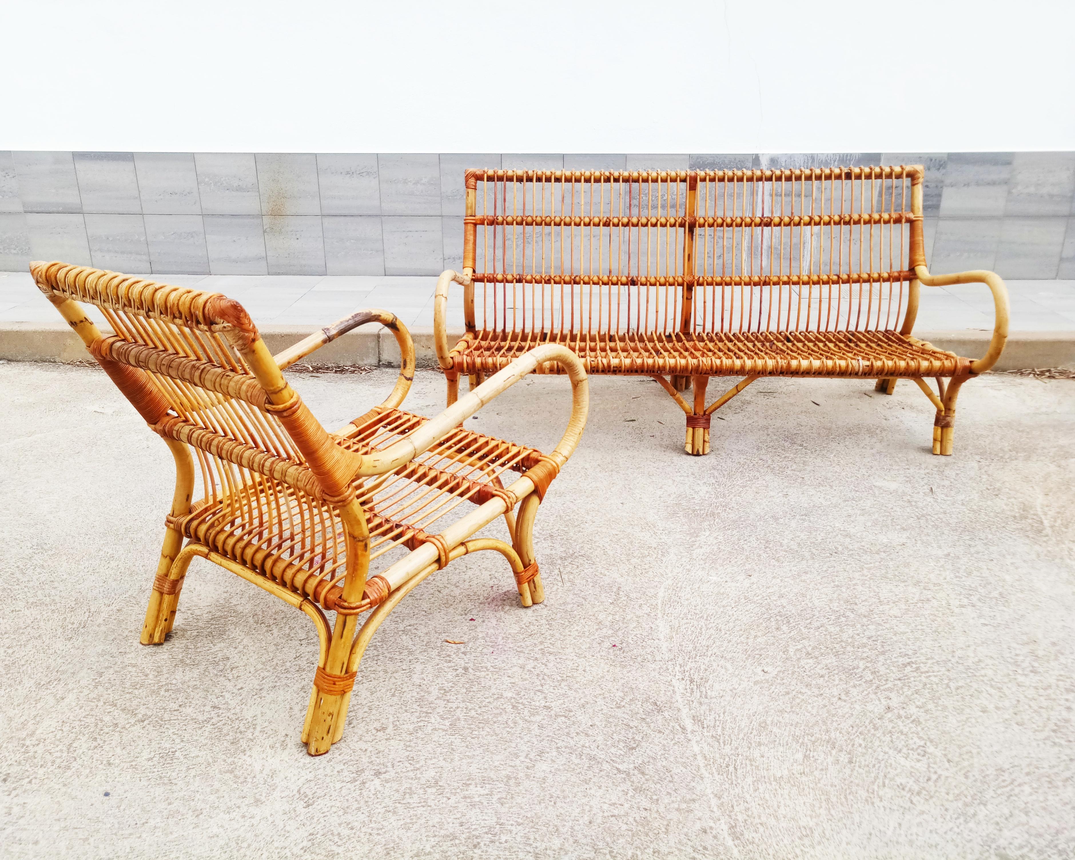 Set of Bamboo and Rattan Armchair and Sofa, Italy, 1960s 6