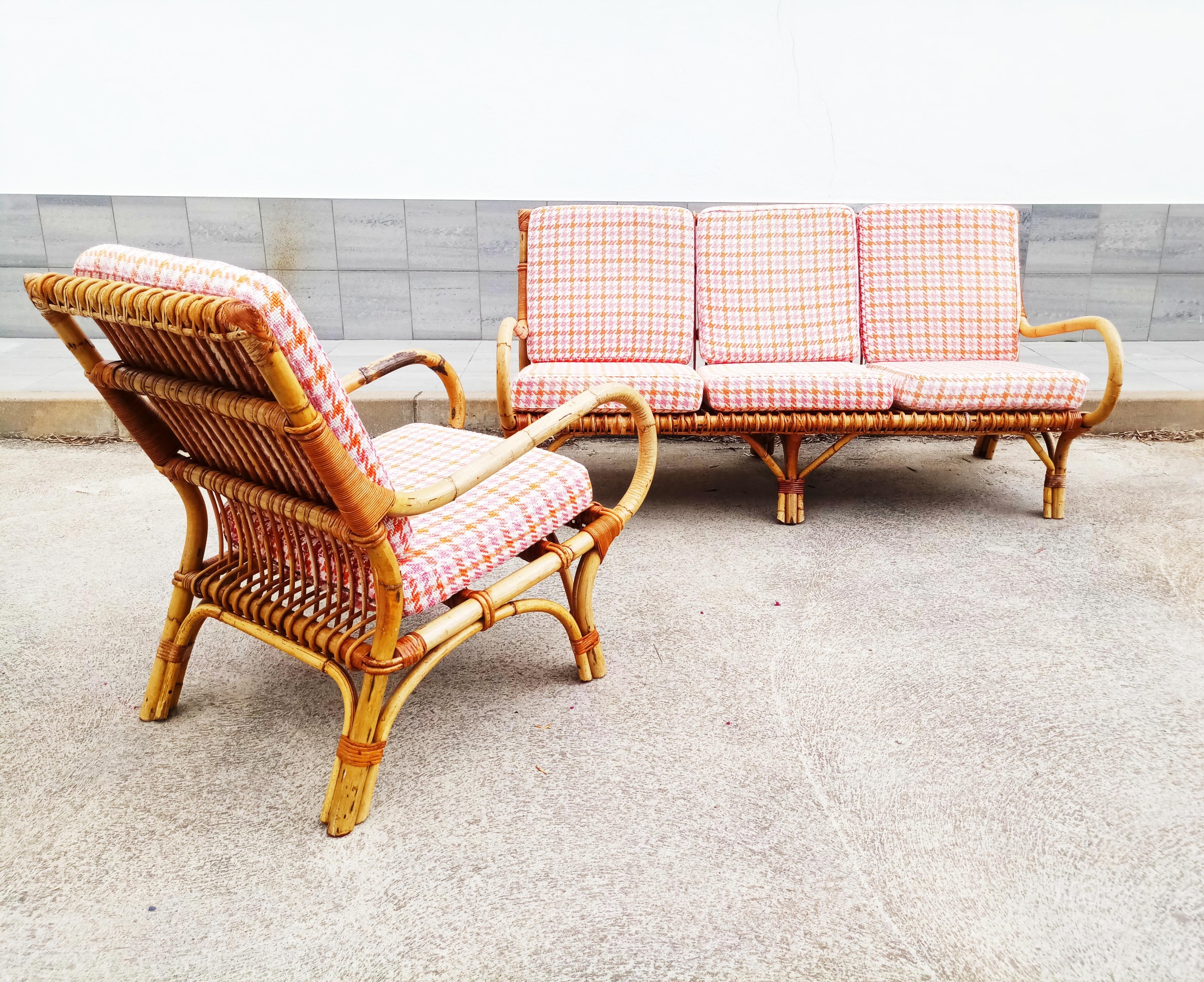 Rare set of armchair and sofa rattan and bamboo manufactured in Italy in 1960s. In very good vintage condition, with all its original cushions and fabrics.
Dimension: (cm)
Sofa 156 W x 80 D x 80 H, seat height 43 with cushion.
Armchair 58 W x 80 D x