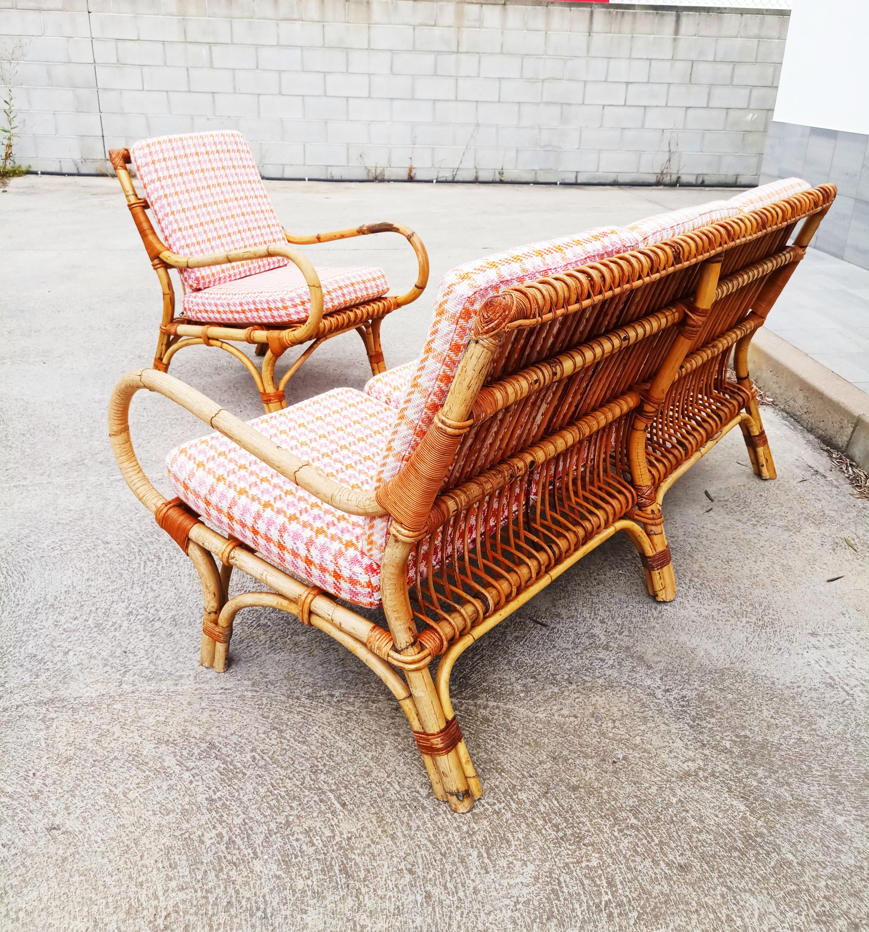 Italian Set of Bamboo and Rattan Armchair and Sofa, Italy, 1960s