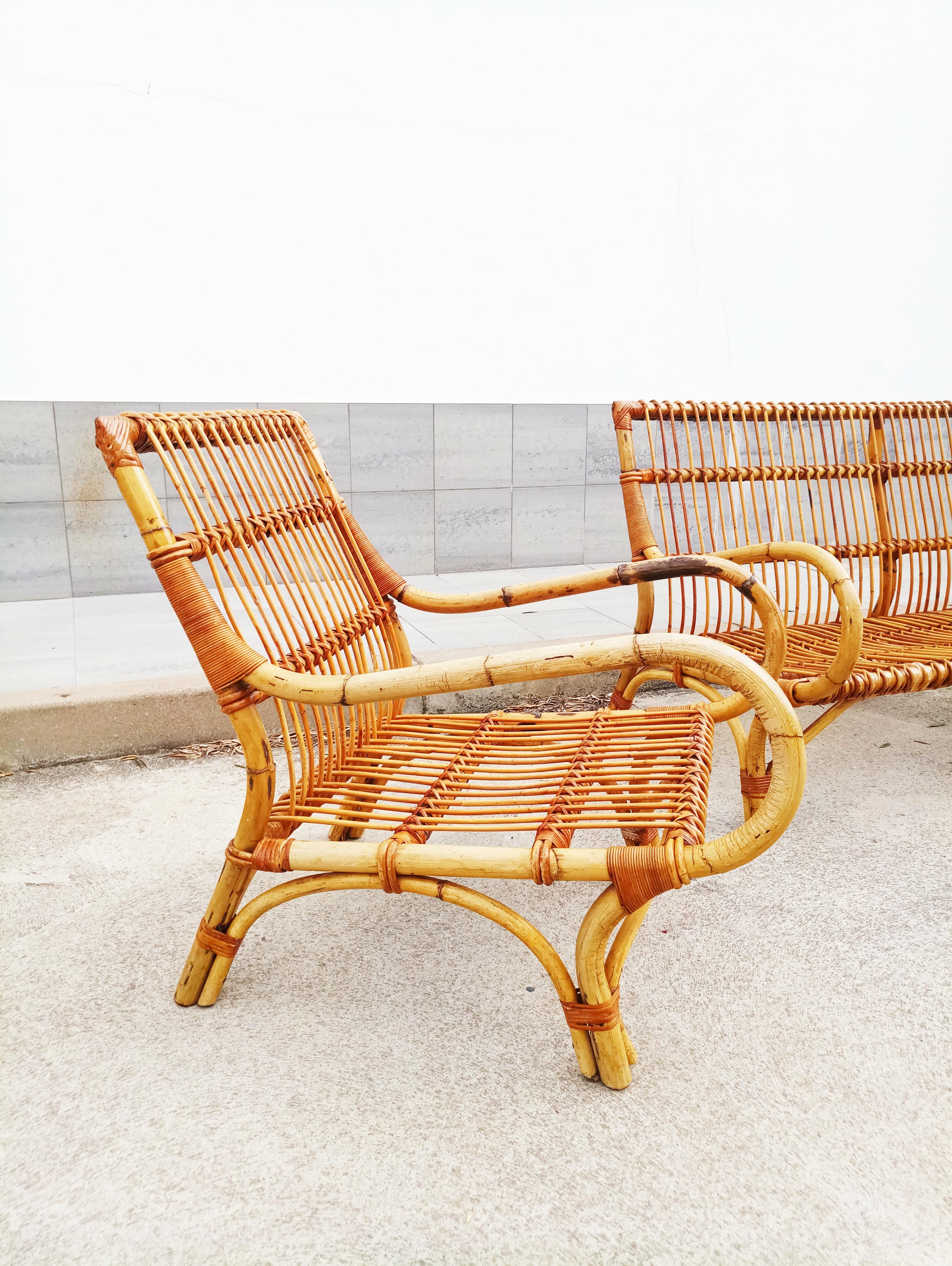 Set of Bamboo and Rattan Armchair and Sofa, Italy, 1960s In Good Condition In L'Escala, ES