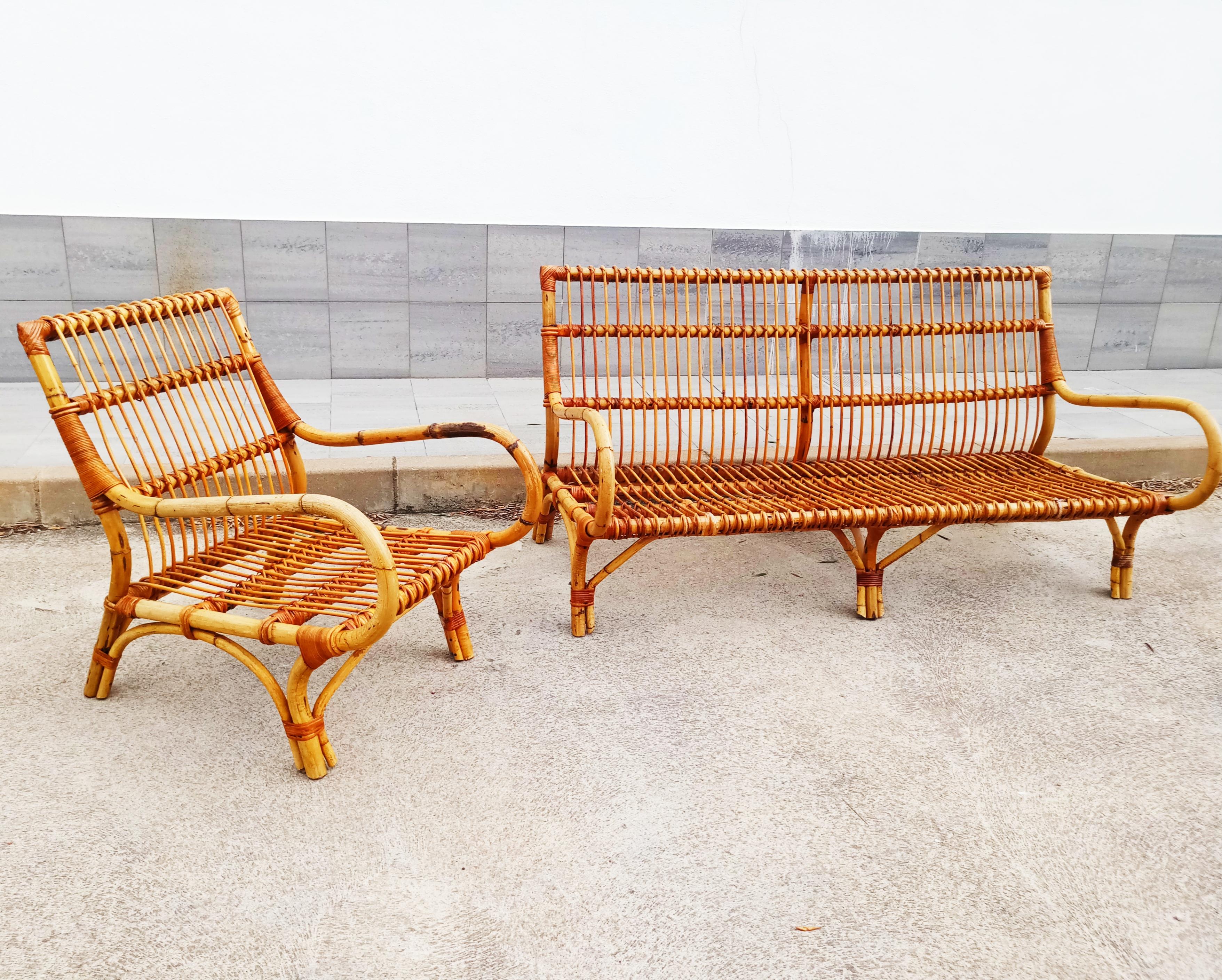 Set of Bamboo and Rattan Armchair and Sofa, Italy, 1960s 1